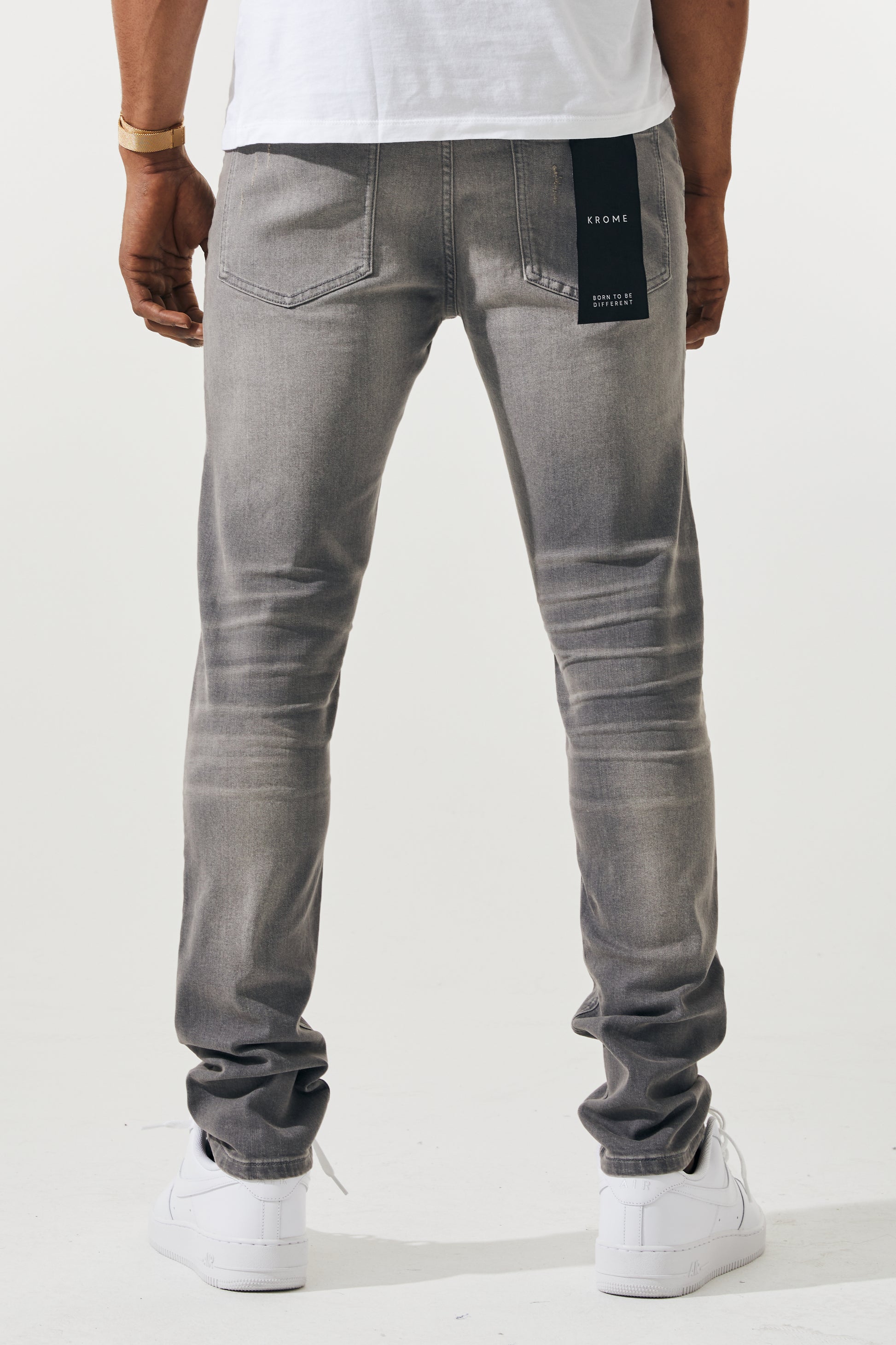 KROME Men's Premium Skinny Fit Rip and Repair Drift Jeans - Grey