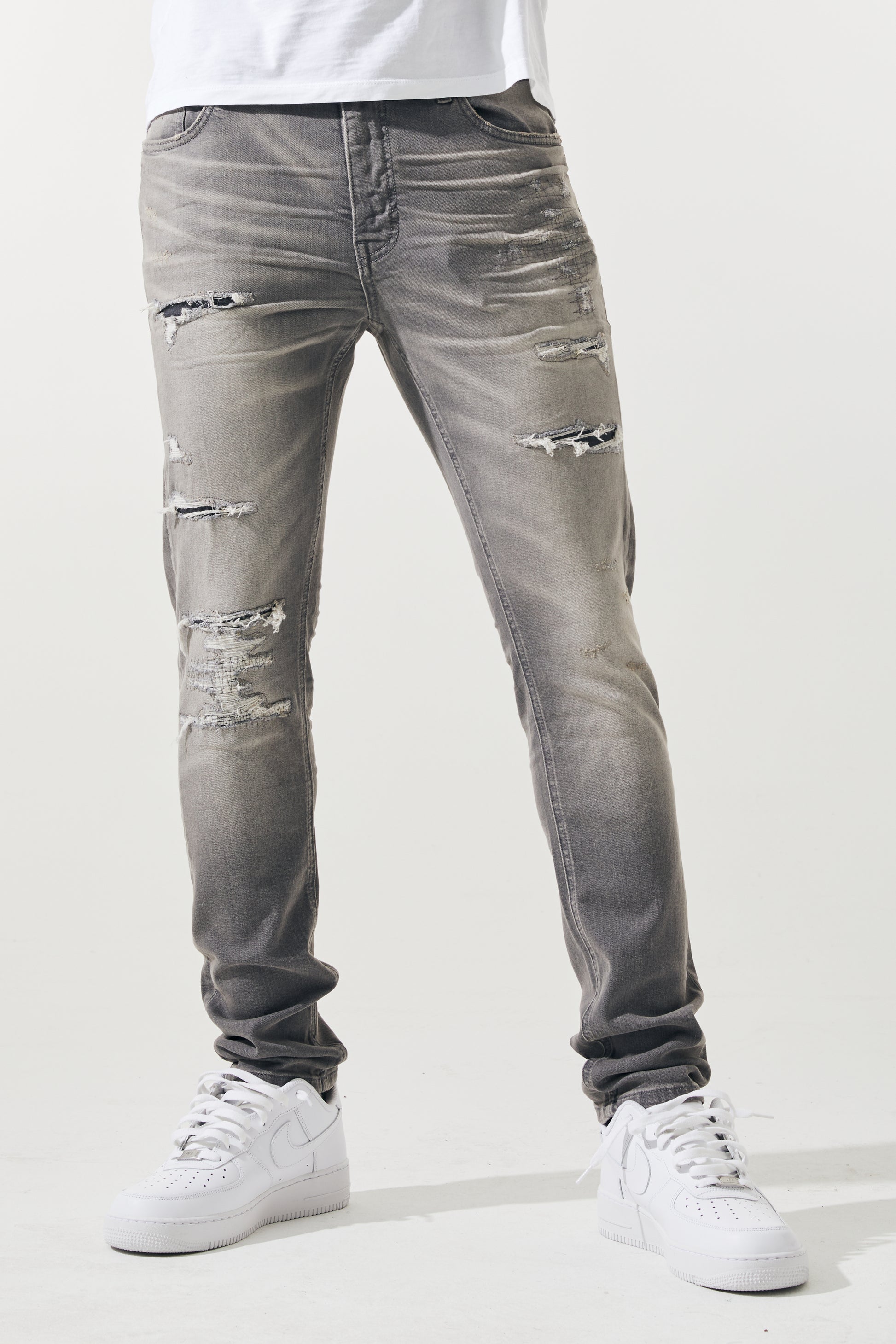KROME Men's Premium Skinny Fit Rip and Repair Drift Jeans - Grey