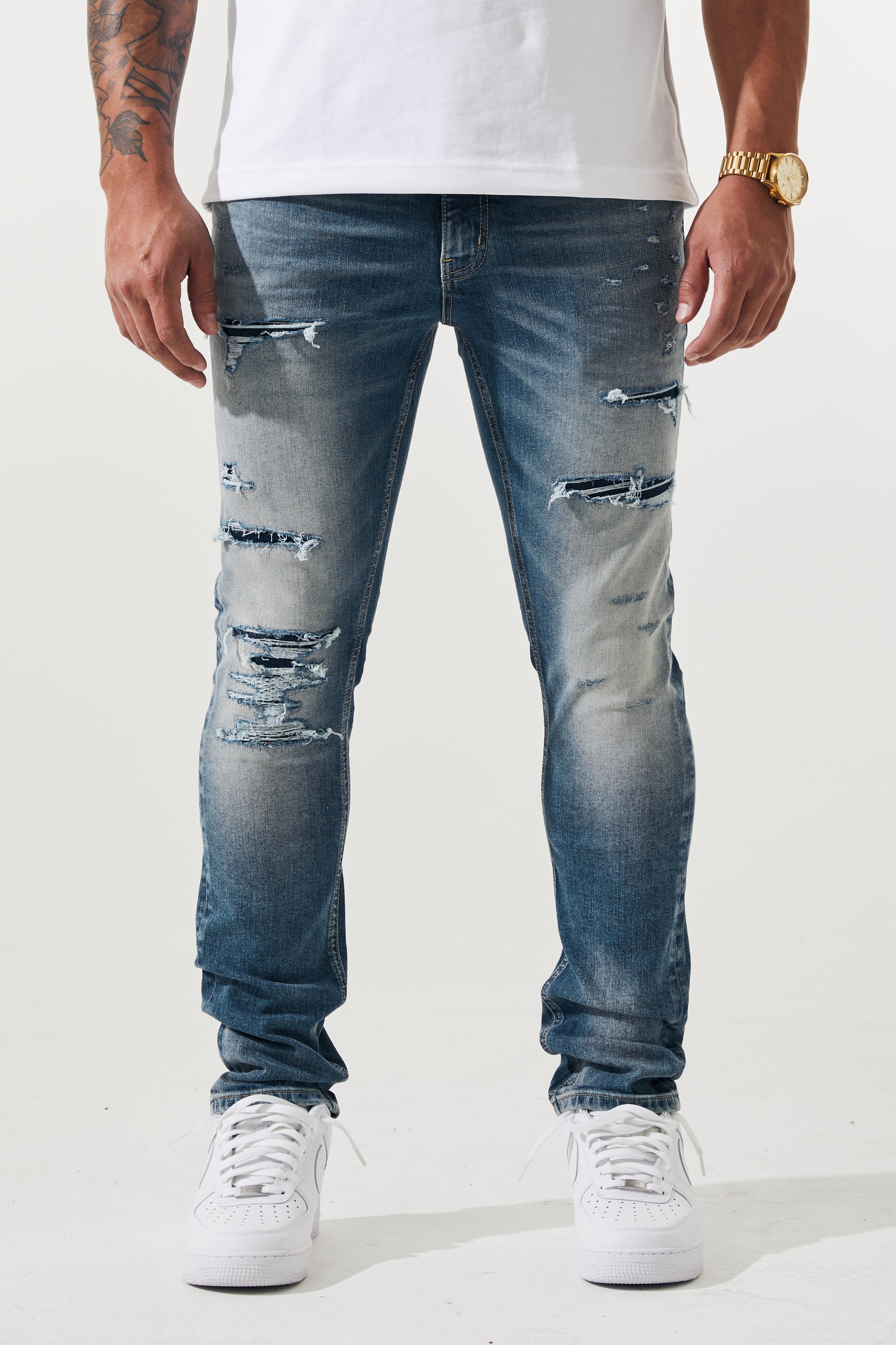 KROME Men's Premium Skinny Fit Rip and Repair Drift Jeans - Marine Blue