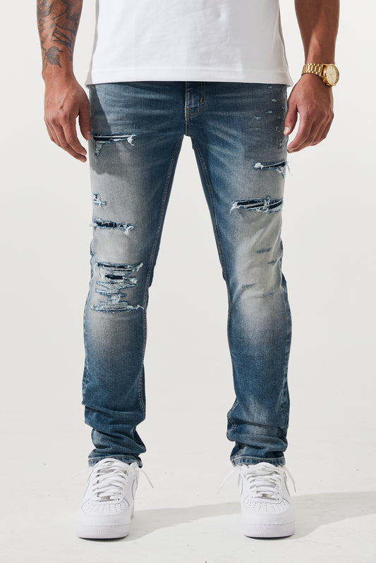 KROME Men's Premium Skinny Fit Rip and Repair Drift Jeans - Marine Blue