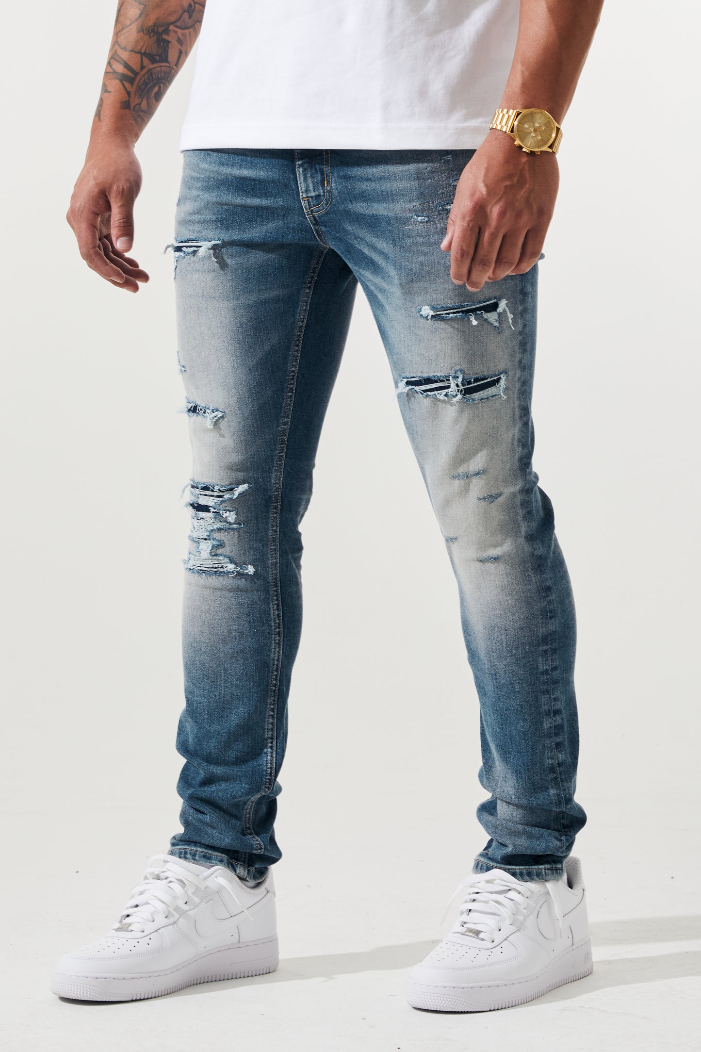 KROME Men's Premium Skinny Fit Rip and Repair Drift Jeans - Marine Blue
