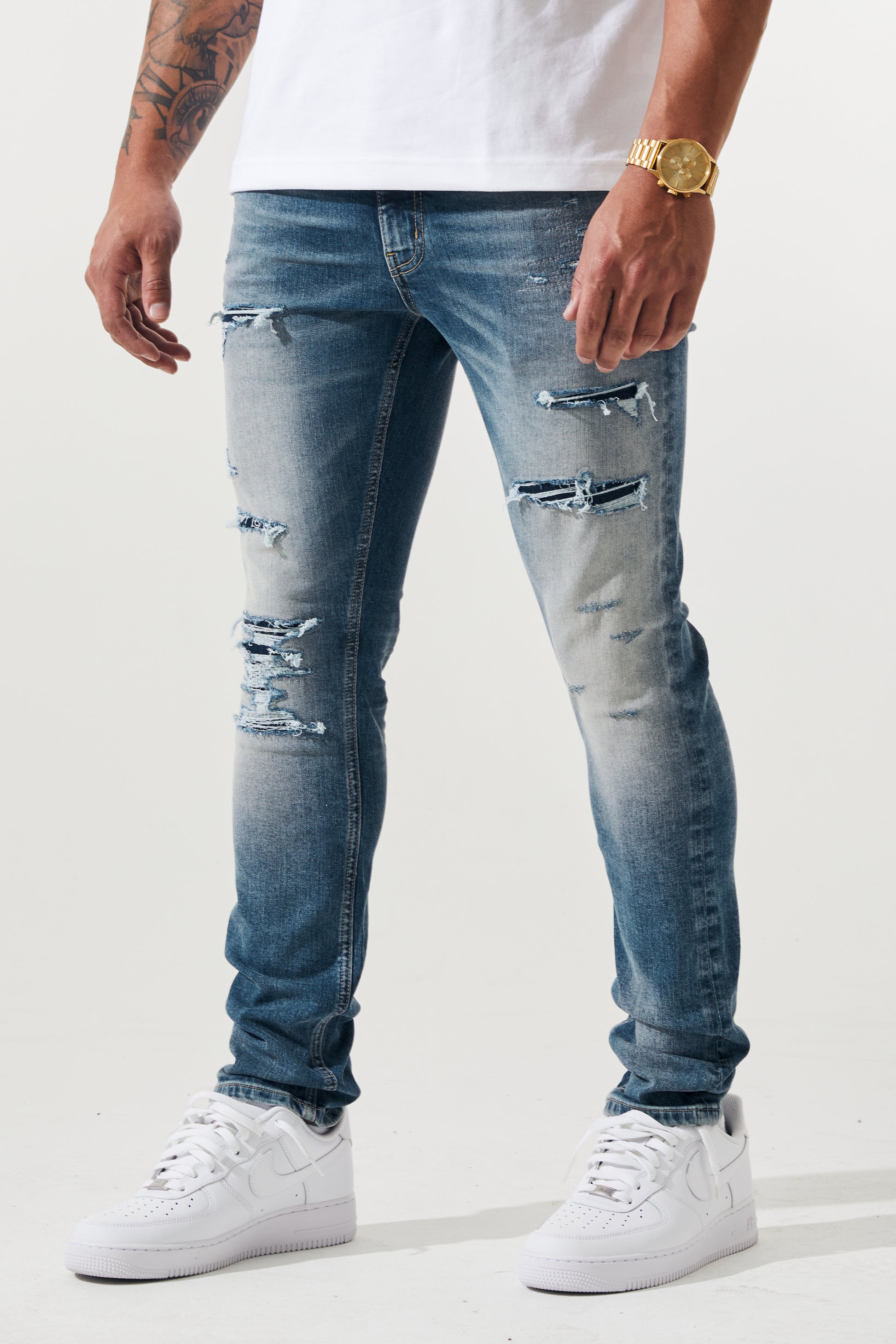 KROME Men's Premium Skinny Fit Rip and Repair Drift Jeans - Marine Blue
