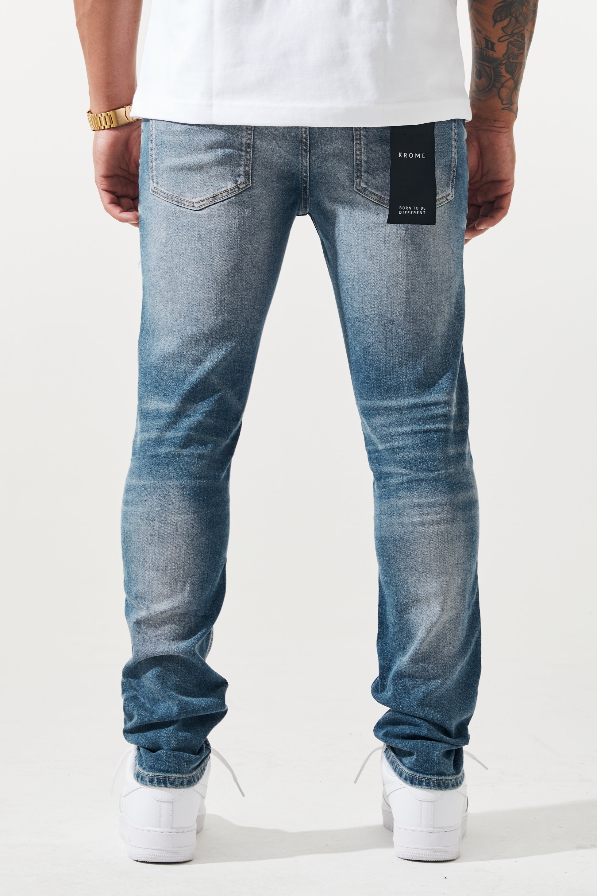 KROME Men's Premium Skinny Fit Rip and Repair Drift Jeans - Marine Blue