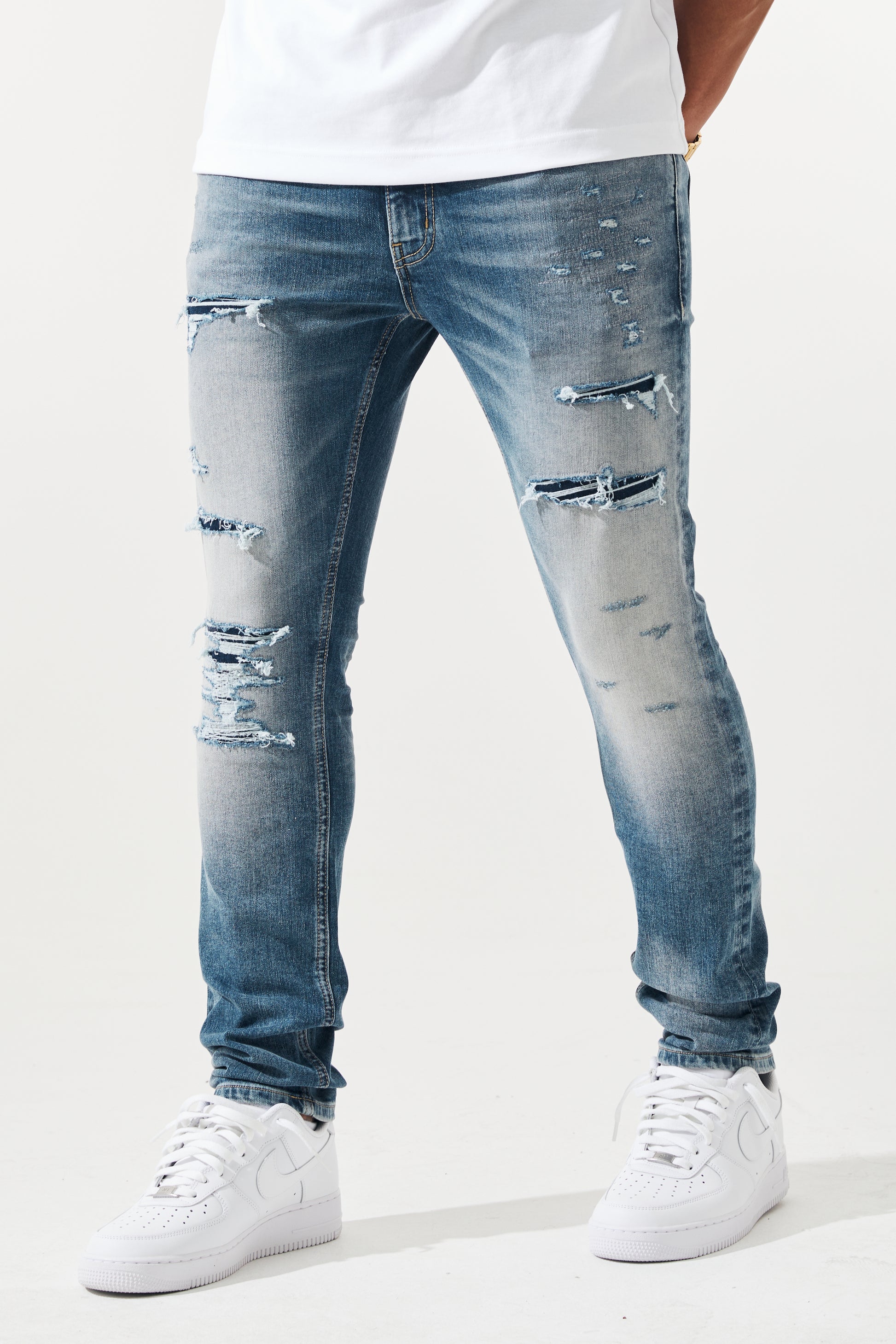 KROME Men's Premium Skinny Fit Rip and Repair Drift Jeans - Marine Blue