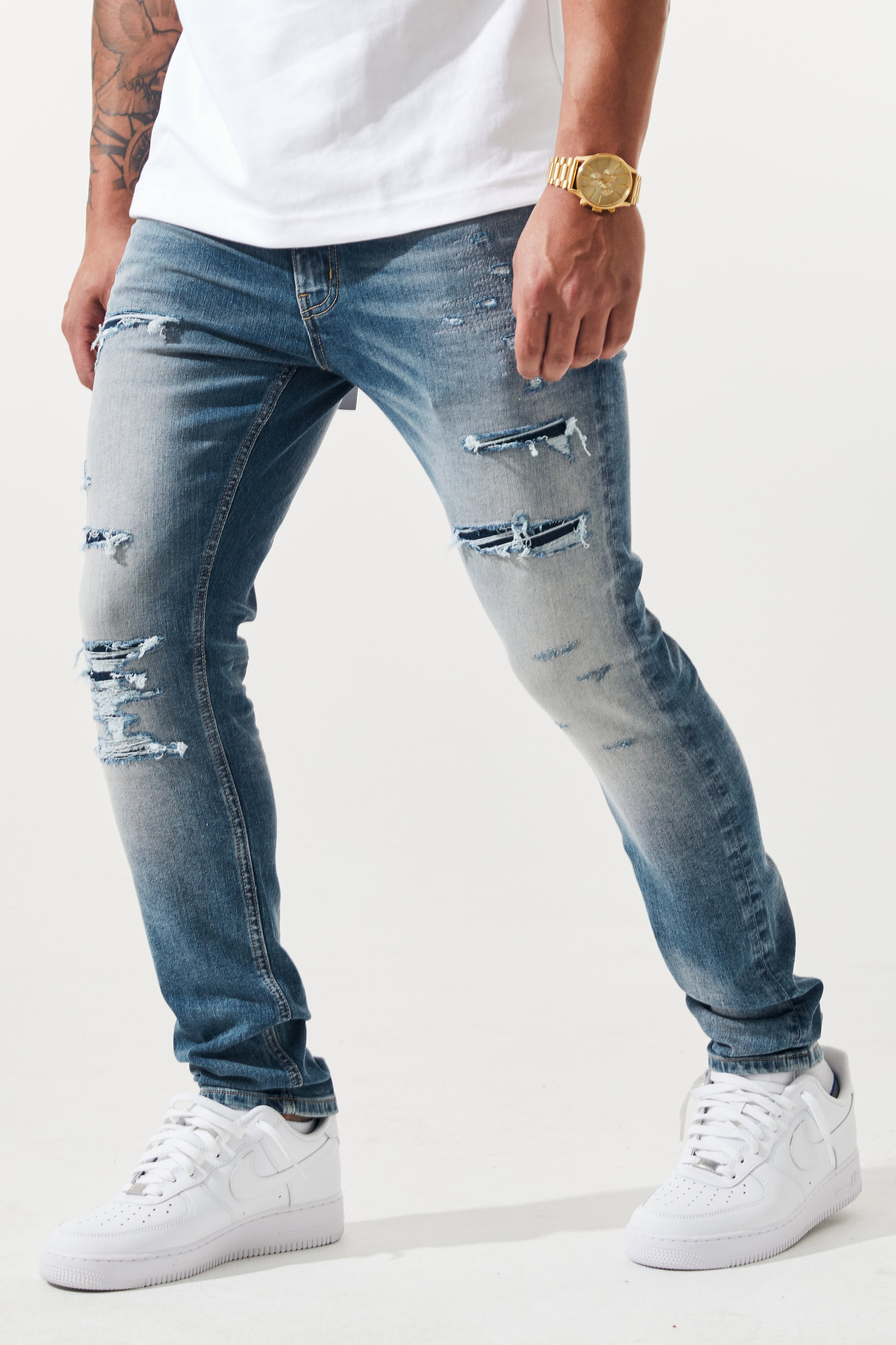 KROME Men's Premium Skinny Fit Rip and Repair Drift Jeans - Marine Blue