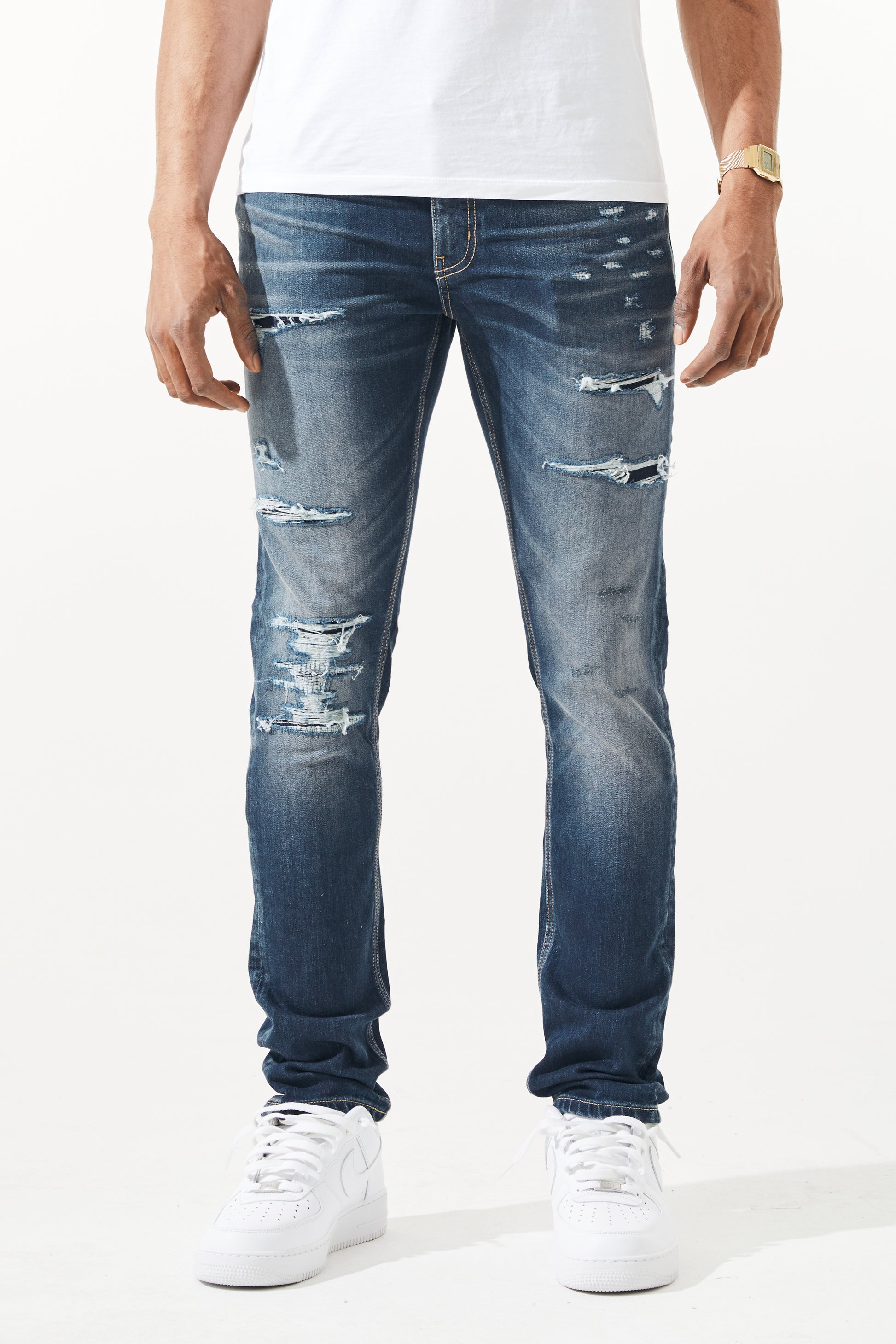 KROME Men's Premium Skinny Fit Rip and Repair Drift Jeans - Wine Blue