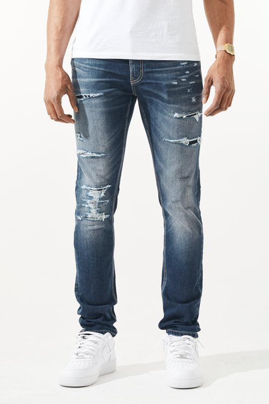 KROME Men's Premium Skinny Fit Rip and Repair Drift Jeans - Wine Blue