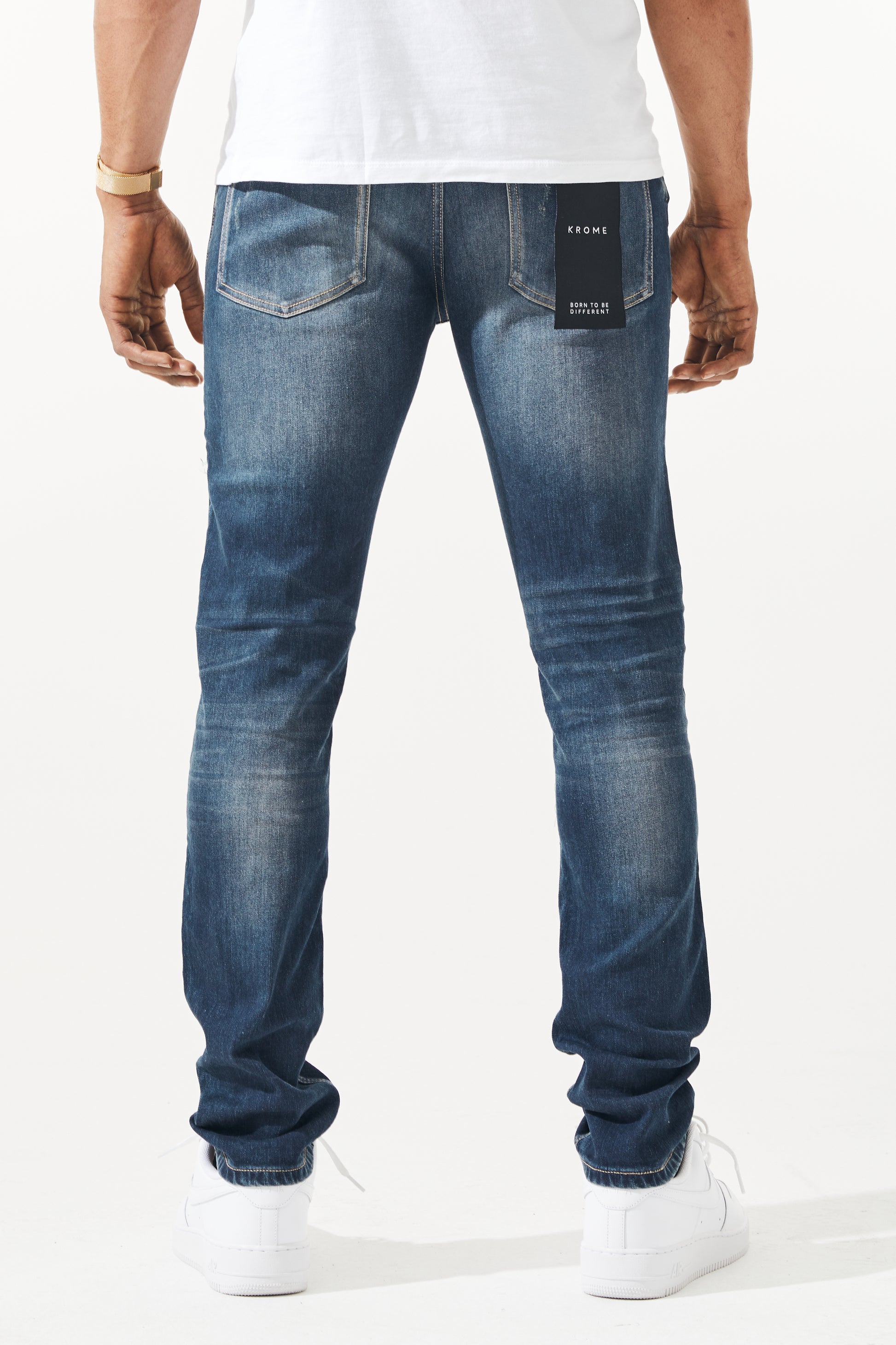 KROME Men's Premium Skinny Fit Rip and Repair Drift Jeans - Wine Blue
