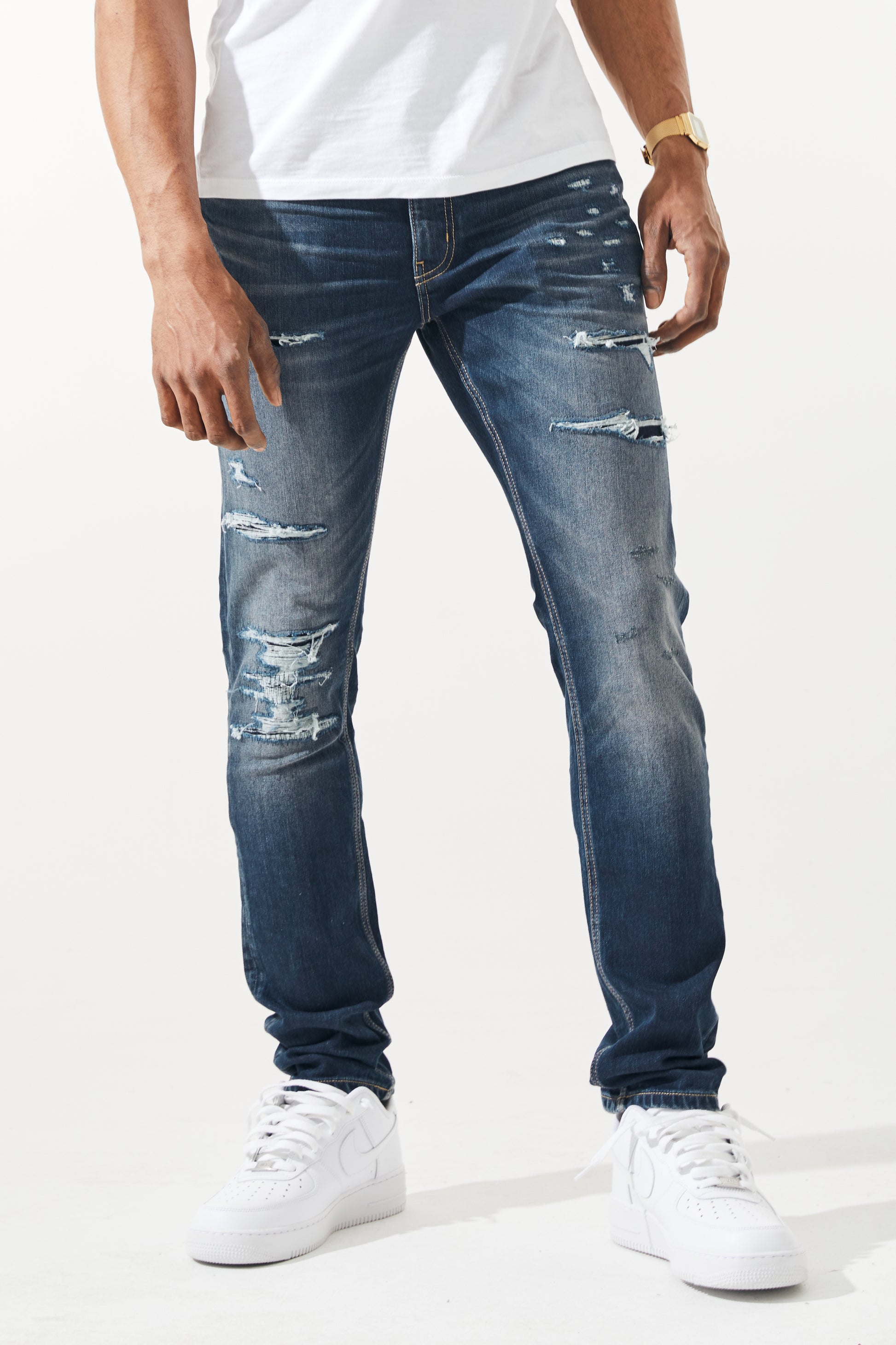 KROME Men's Premium Skinny Fit Rip and Repair Drift Jeans - Wine Blue