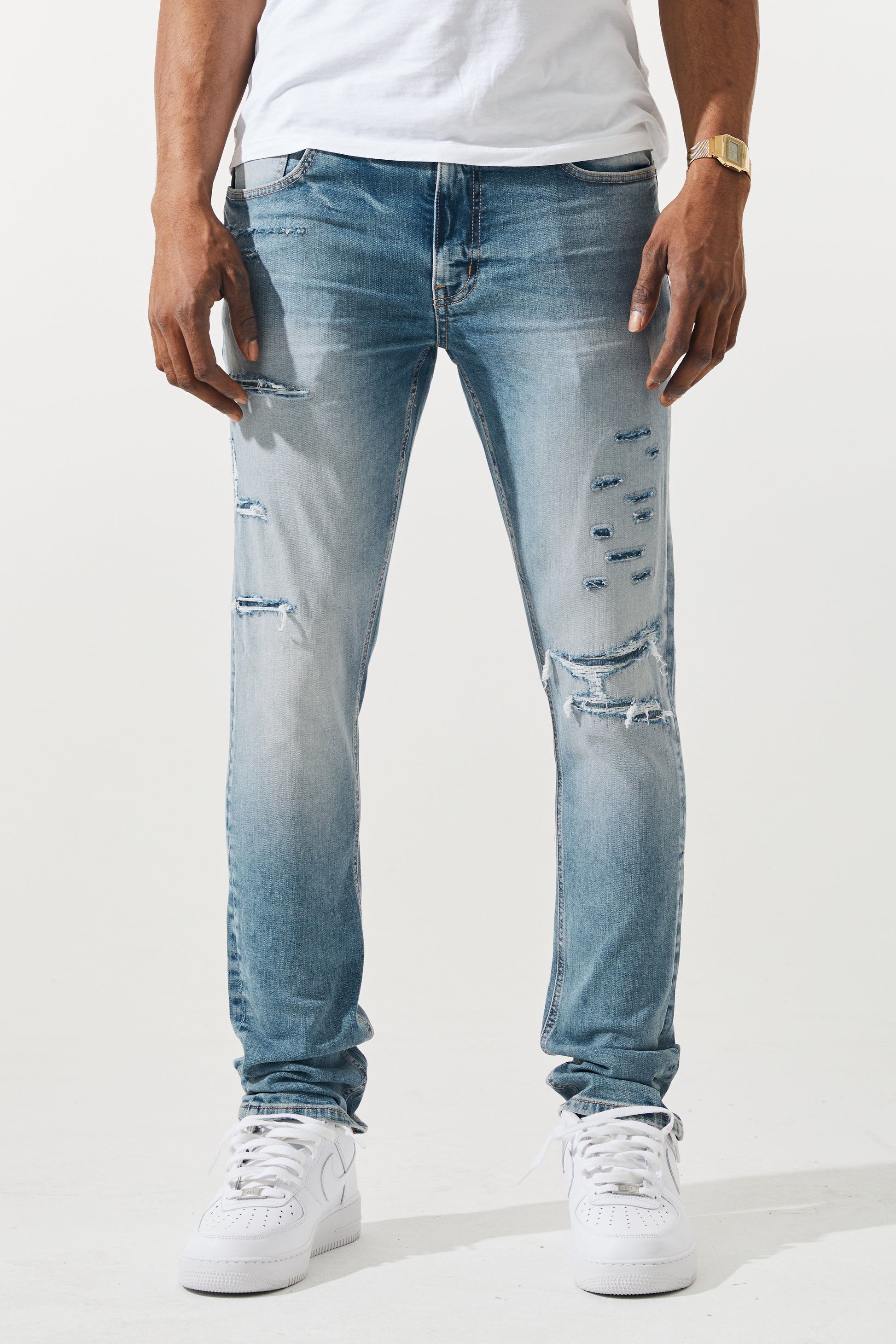 KROME Men's Premium Skinny Fit Rip and Repair Ghost Jeans - Soft Blue