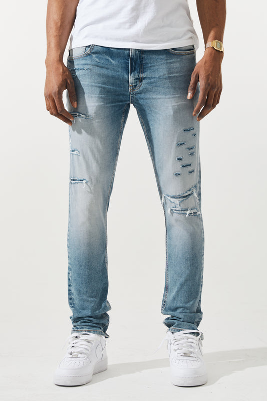 KROME Men's Premium Skinny Fit Rip and Repair Ghost Jeans - Soft Blue