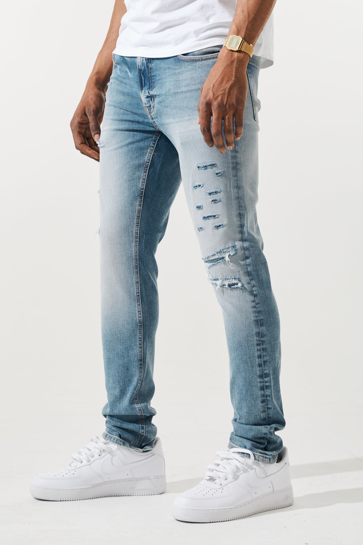 KROME Men's Premium Skinny Fit Rip and Repair Ghost Jeans - Soft Blue