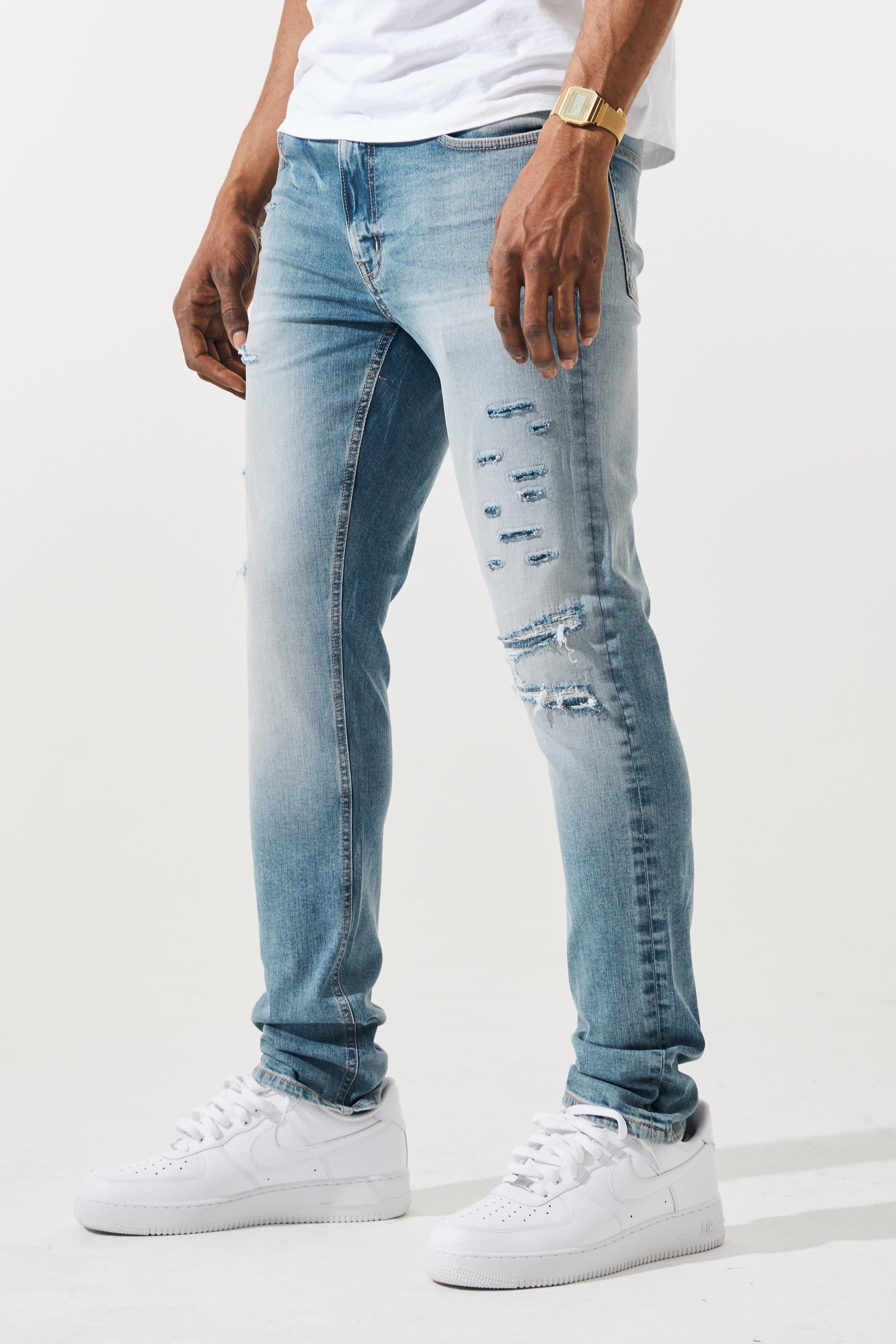 KROME Men's Premium Skinny Fit Rip and Repair Ghost Jeans - Soft Blue