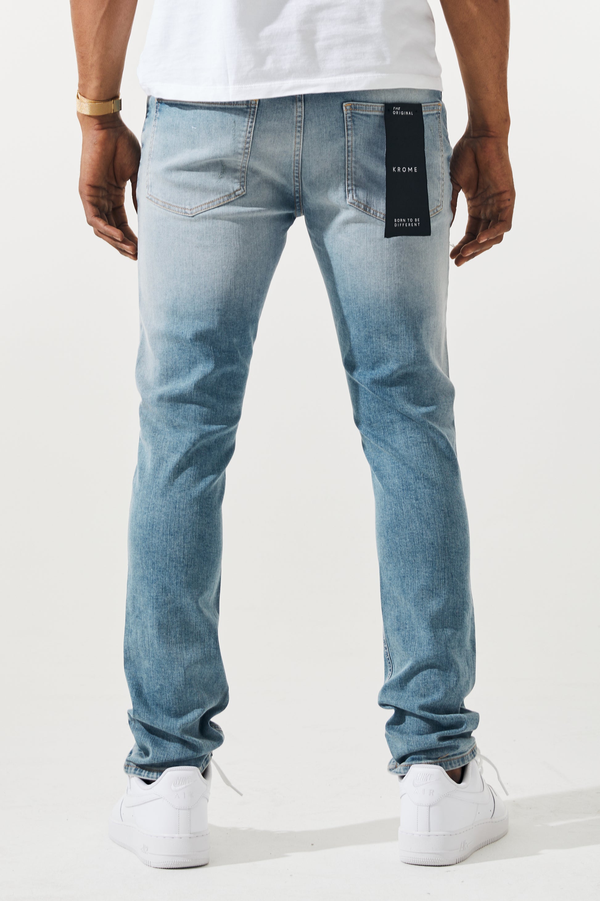KROME Men's Premium Skinny Fit Rip and Repair Ghost Jeans - Soft Blue