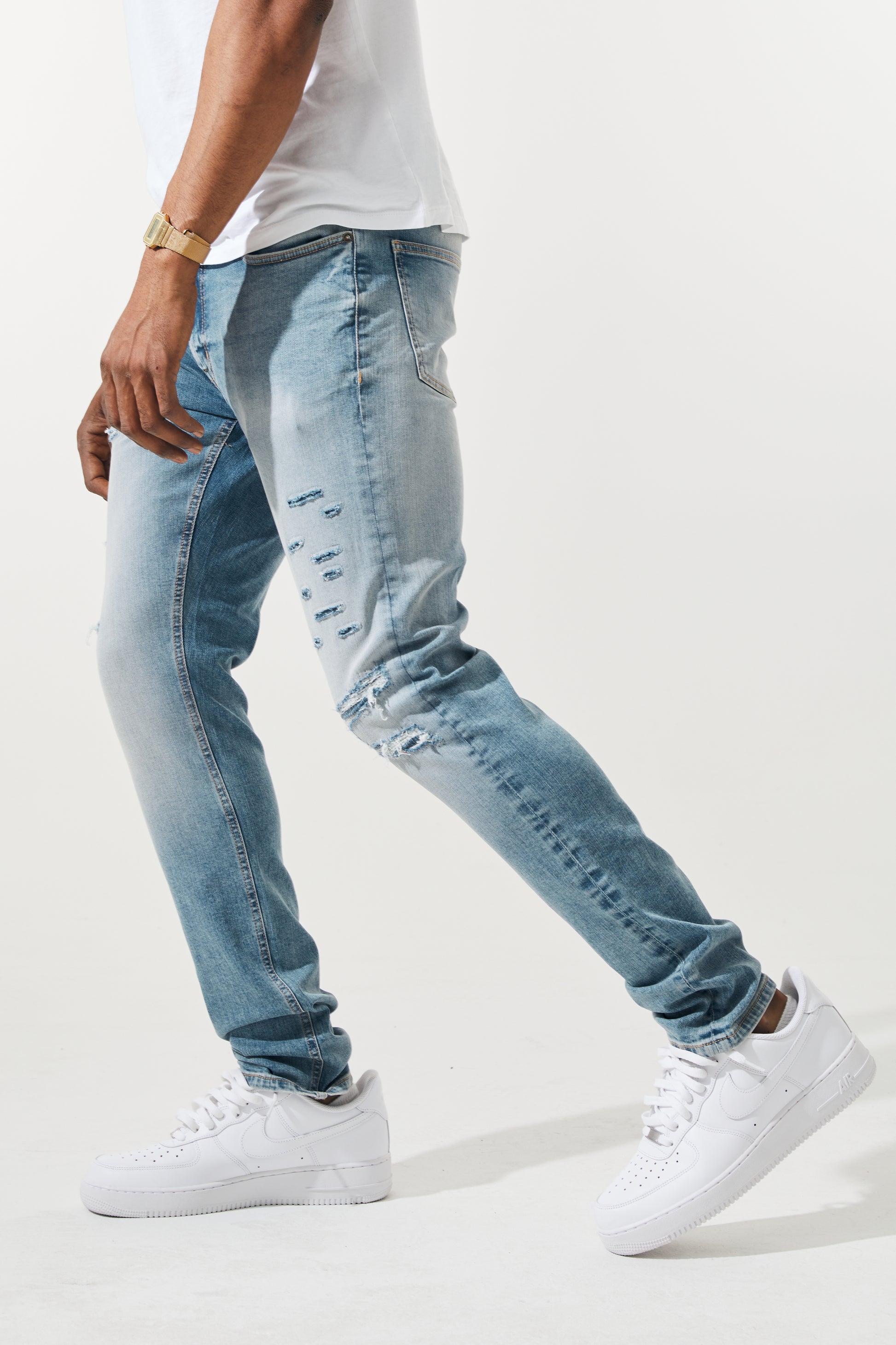 KROME Men's Premium Skinny Fit Rip and Repair Ghost Jeans - Soft Blue