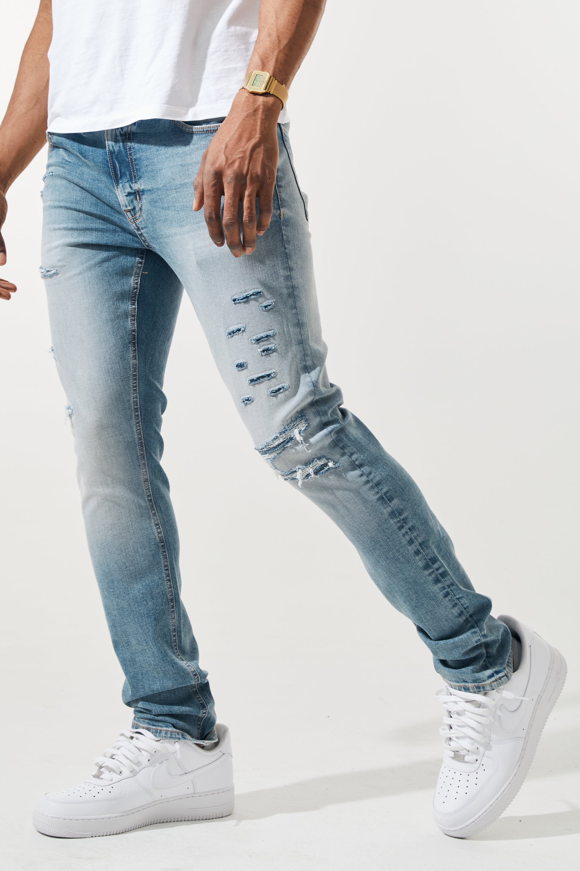 KROME Men's Premium Skinny Fit Rip and Repair Ghost Jeans - Soft Blue