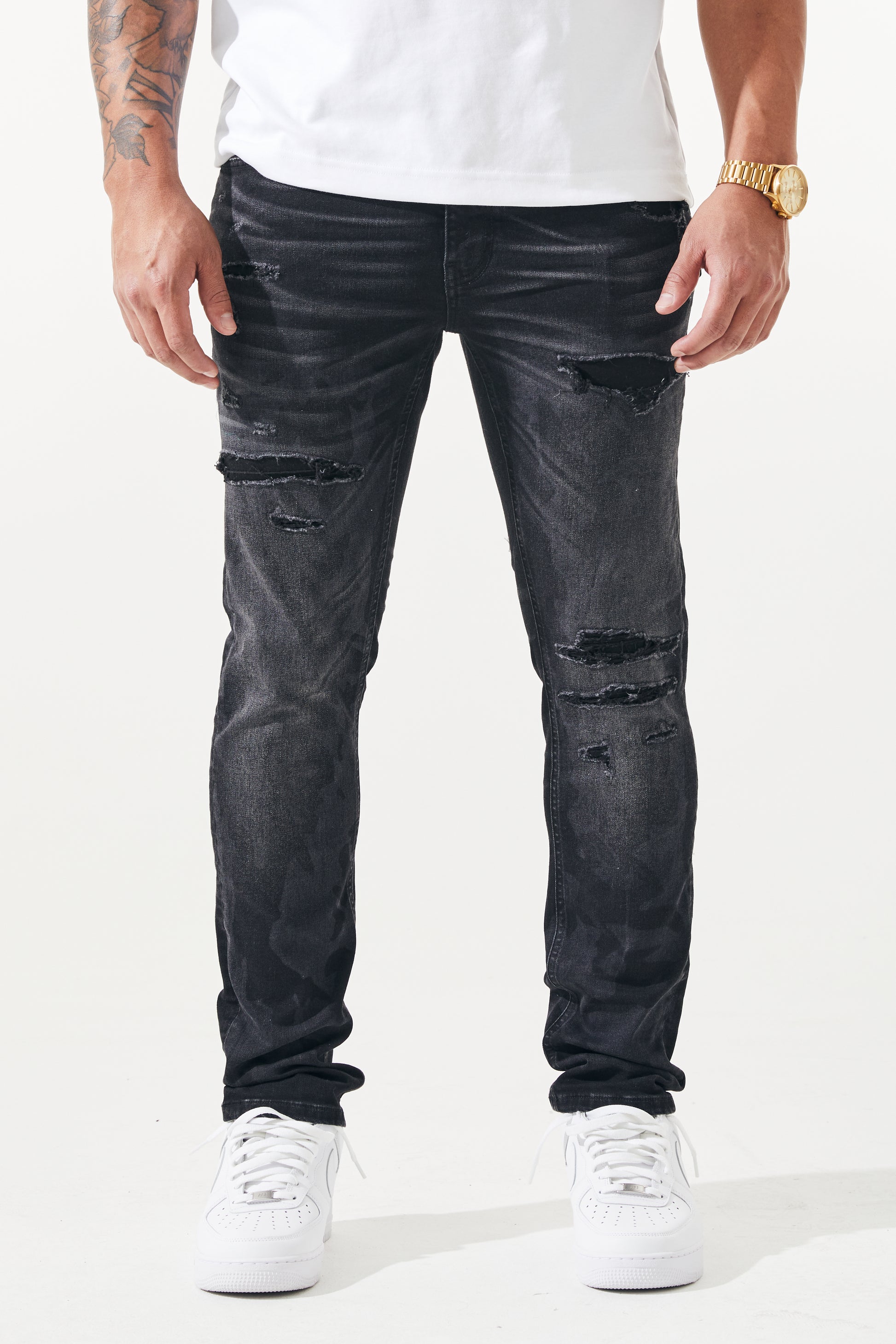 KROME Men's Premium Skinny Fit Rip and Repair Chaotic Jeans - Black