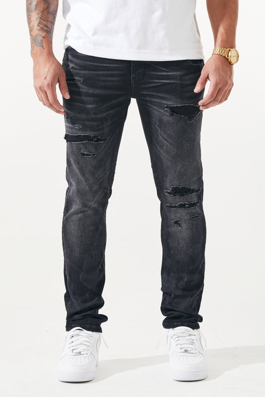 KROME Men's Premium Skinny Fit Rip and Repair Chaotic Jeans - Black