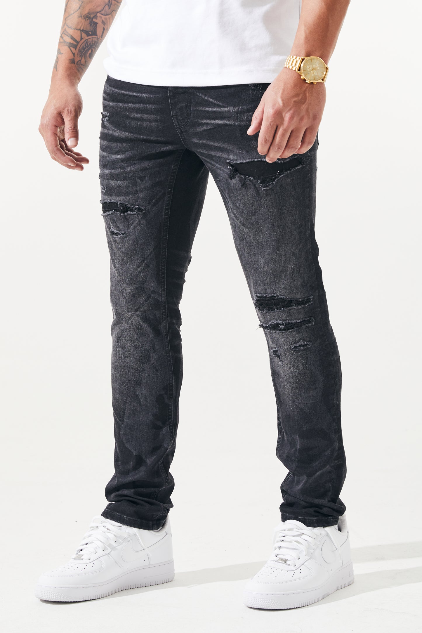 KROME Men's Premium Skinny Fit Rip and Repair Chaotic Jeans - Black