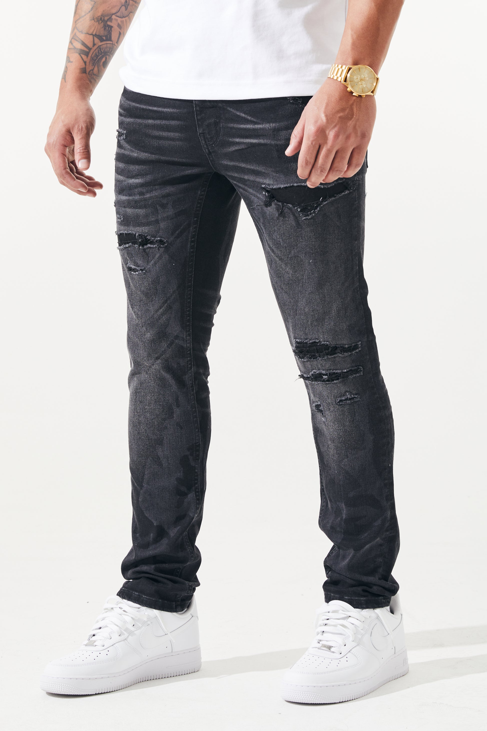 KROME Men's Premium Skinny Fit Rip and Repair Chaotic Jeans - Black
