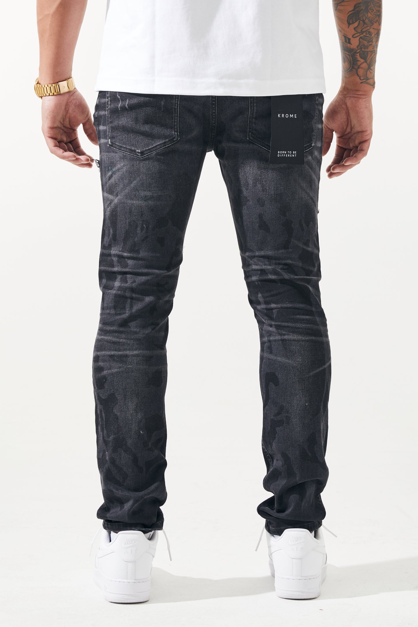 KROME Men's Premium Skinny Fit Rip and Repair Chaotic Jeans - Black