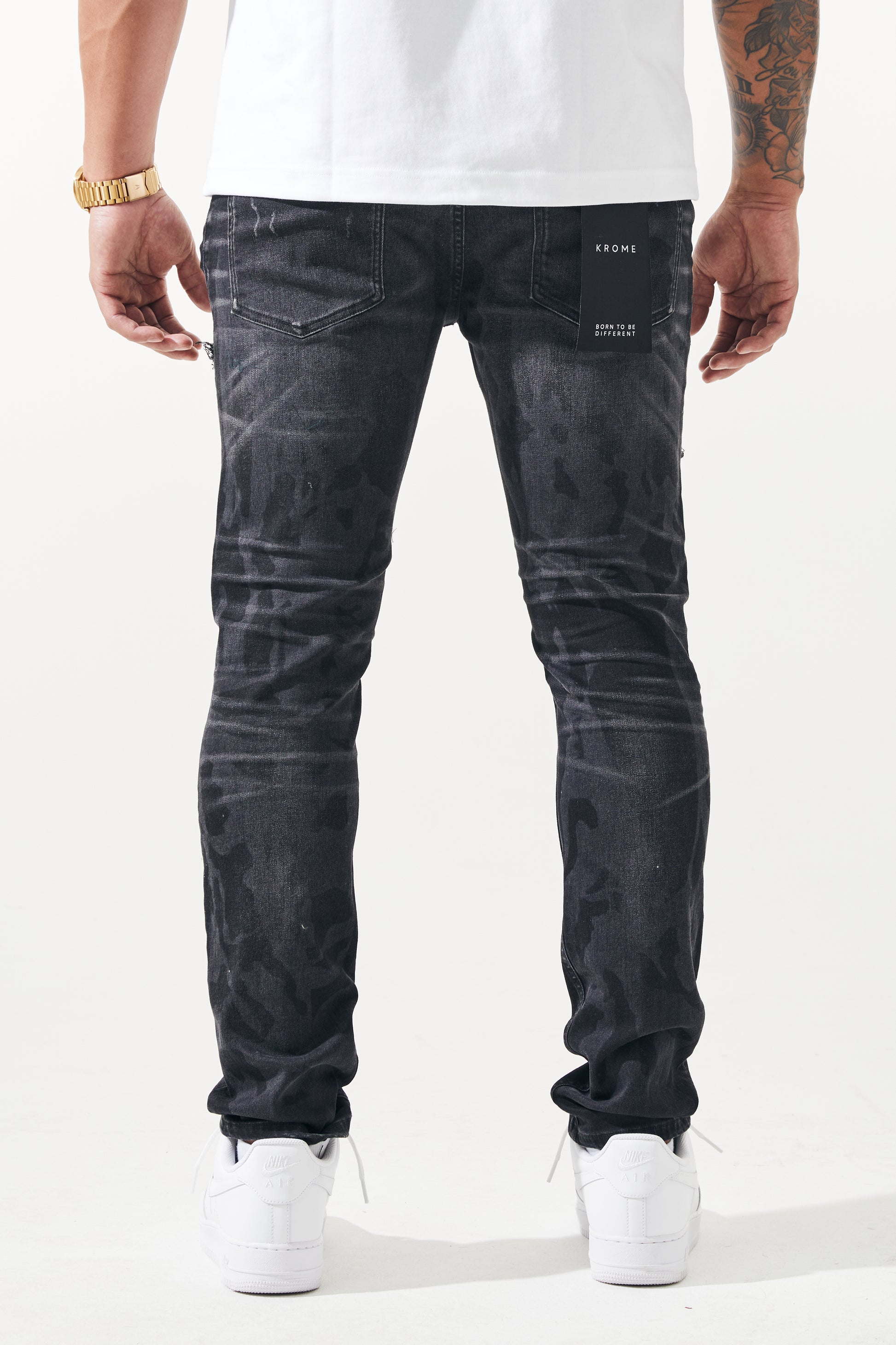 KROME Men's Premium Skinny Fit Rip and Repair Chaotic Jeans - Black