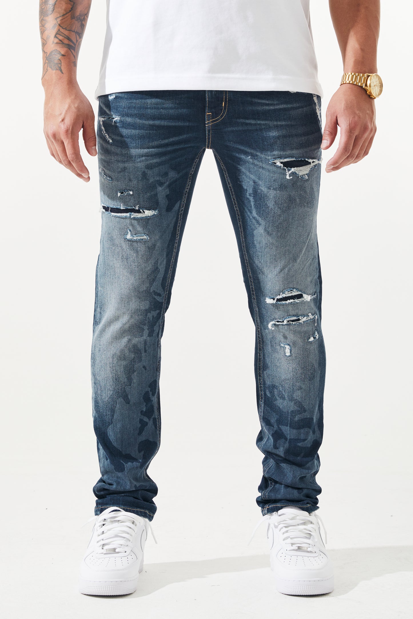 KROME Men's Premium Skinny Fit Rip and Repair Chaotic Jeans - Blue