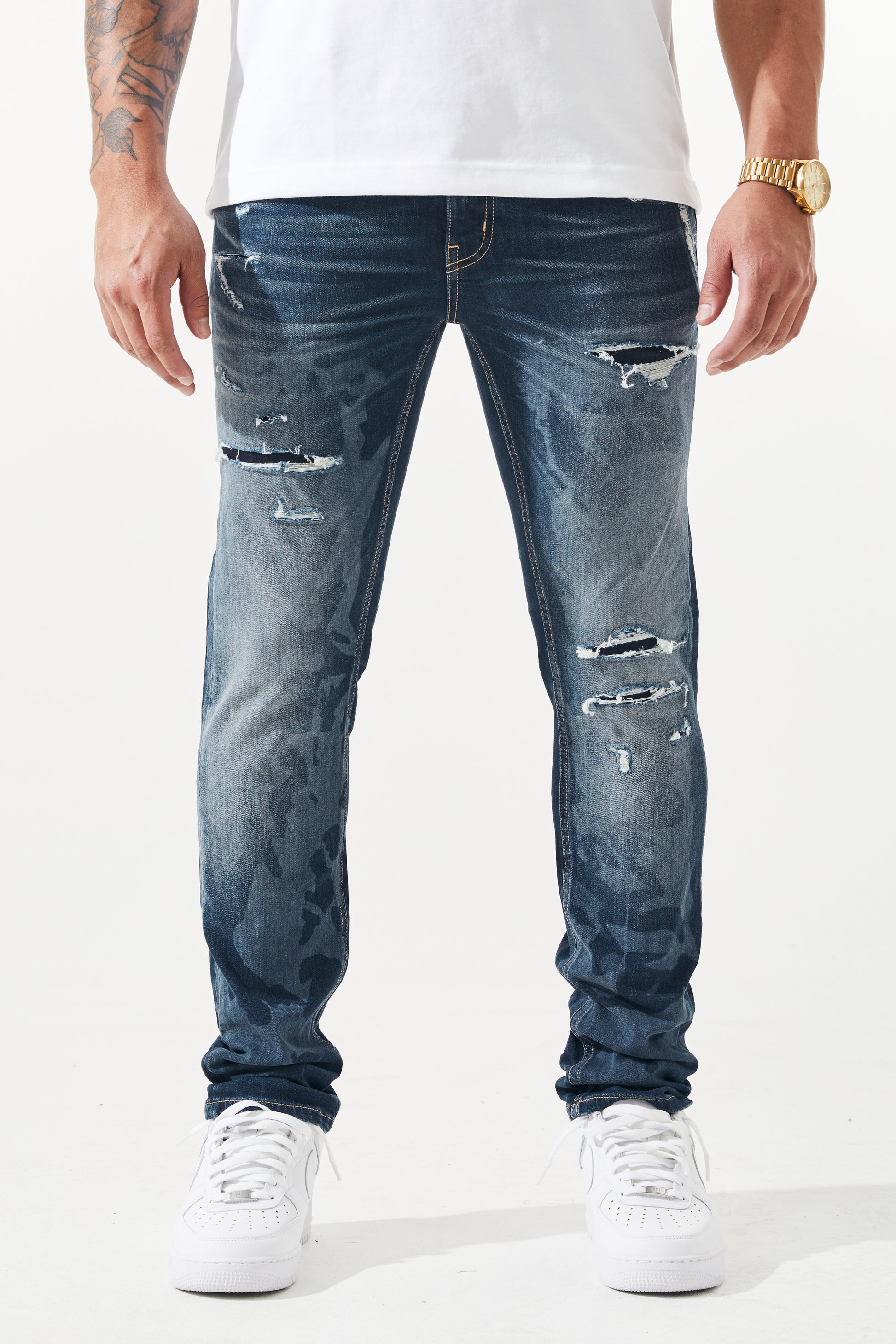 KROME Men's Premium Skinny Fit Rip and Repair Chaotic Jeans - Blue