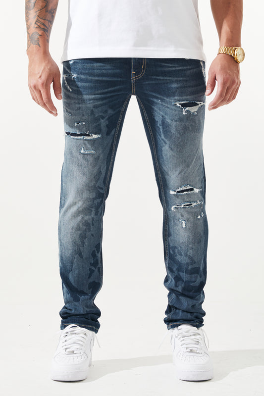 KROME Men's Premium Skinny Fit Rip and Repair Chaotic Jeans - Blue