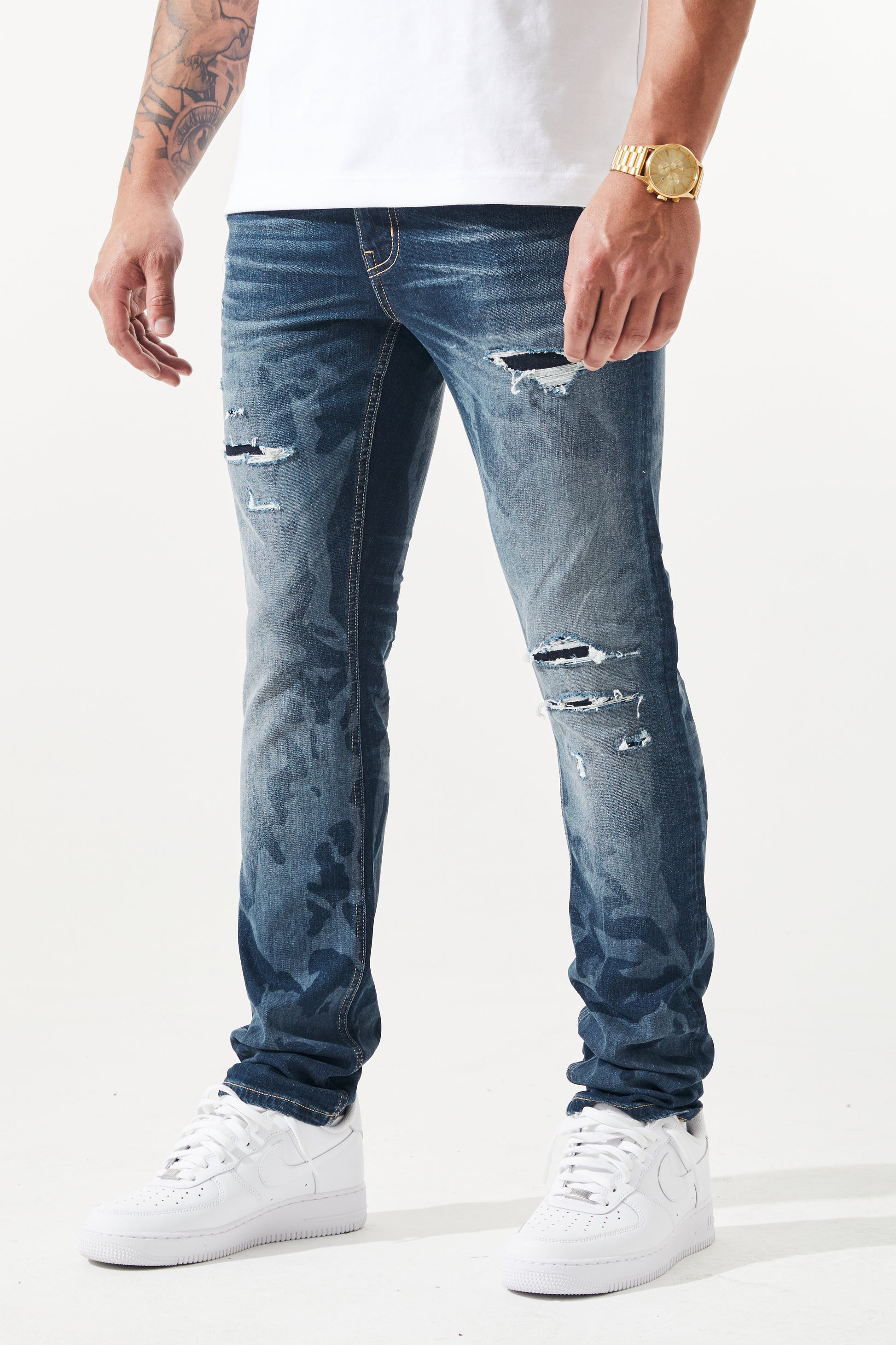 KROME Men's Premium Skinny Fit Rip and Repair Chaotic Jeans - Blue