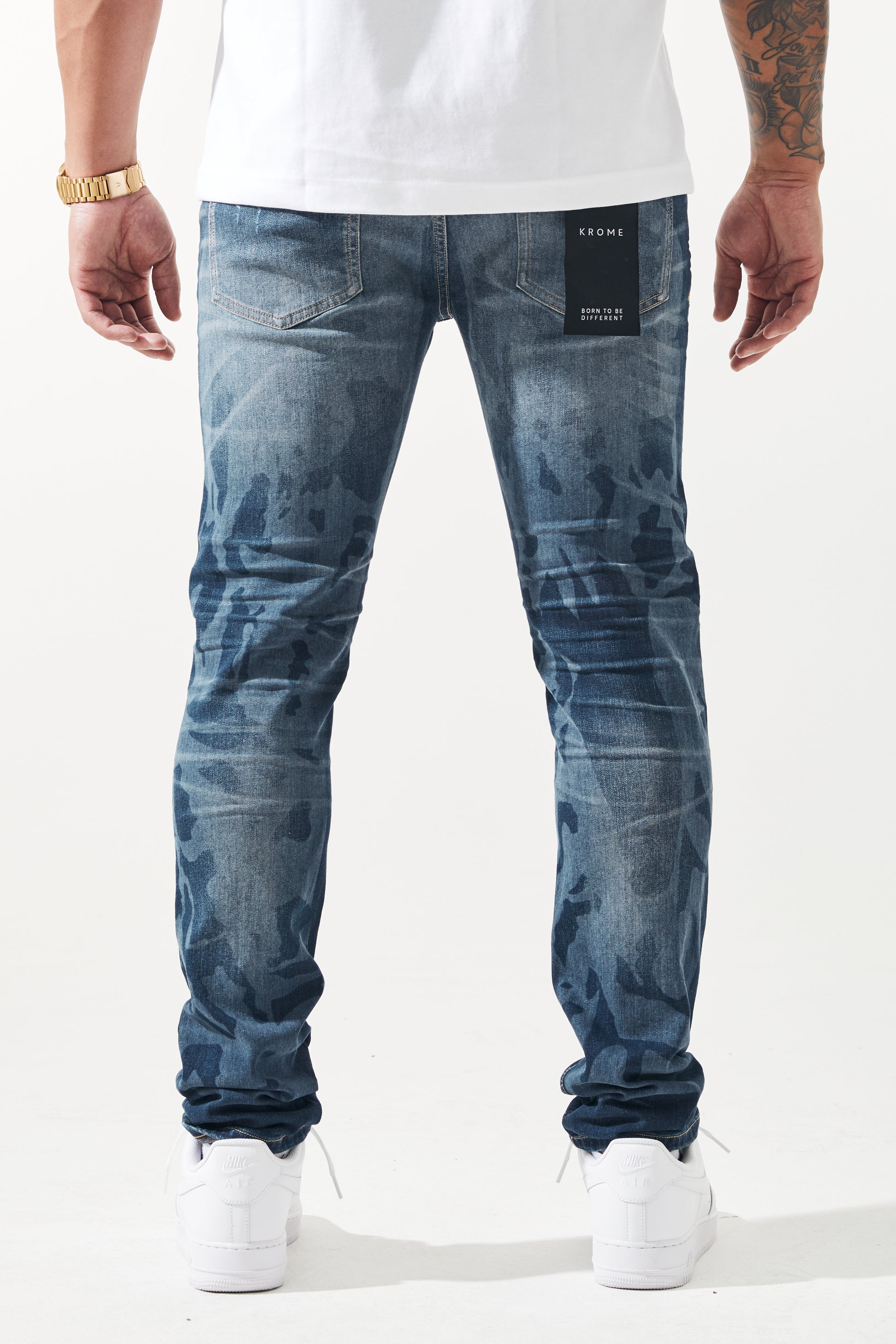KROME Men's Premium Skinny Fit Rip and Repair Chaotic Jeans - Blue