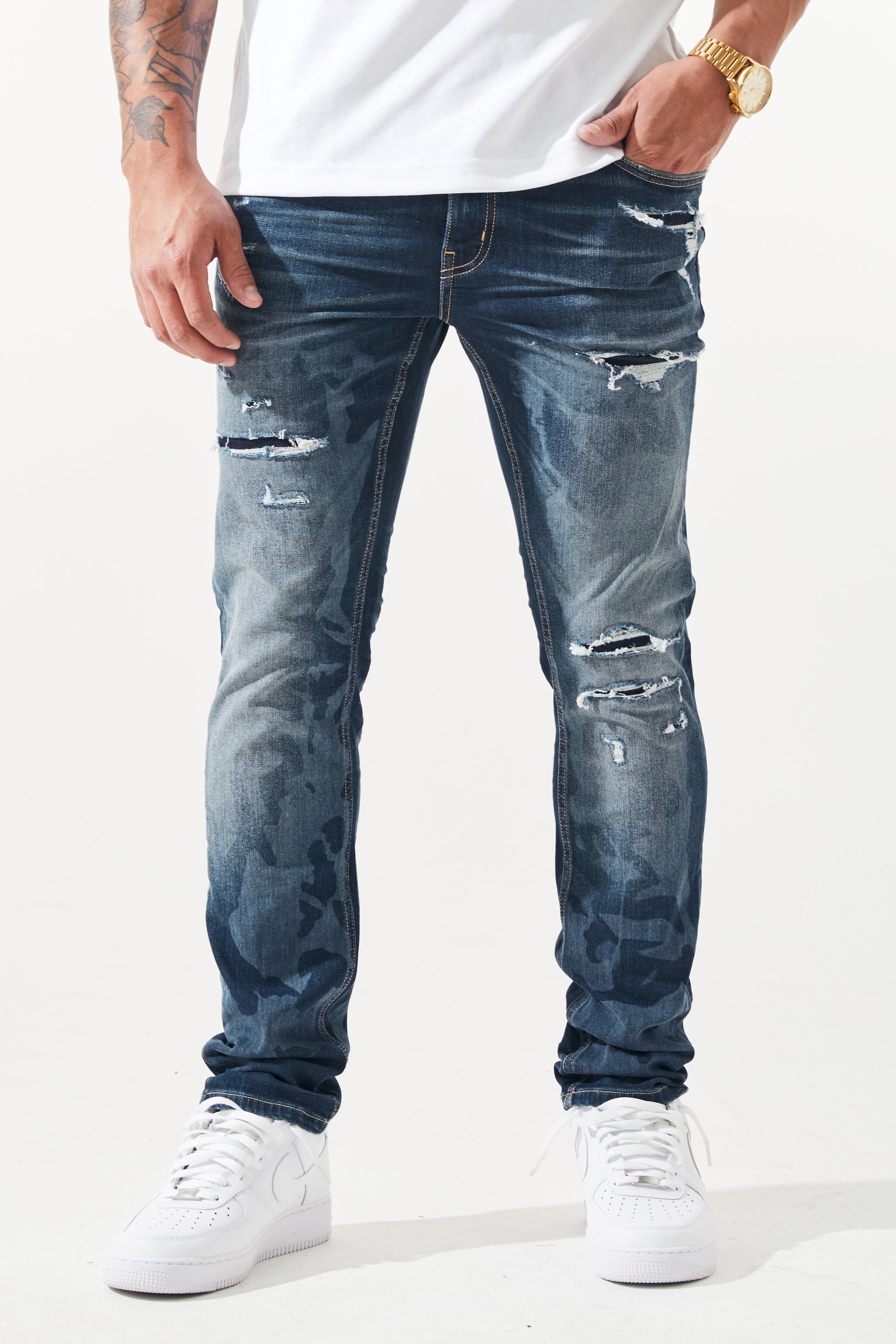 KROME Men's Premium Skinny Fit Rip and Repair Chaotic Jeans - Blue