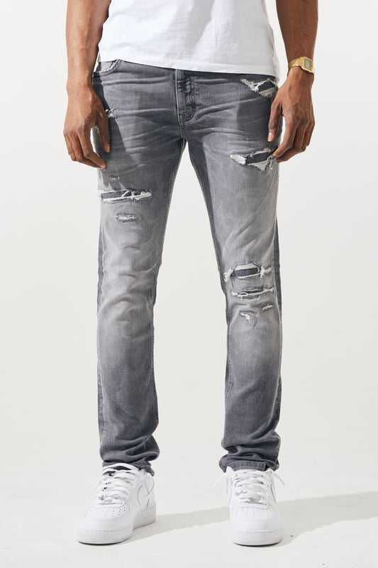 KROME Men's Premium Skinny Fit Rip and Repair Chaotic Jeans - Grey