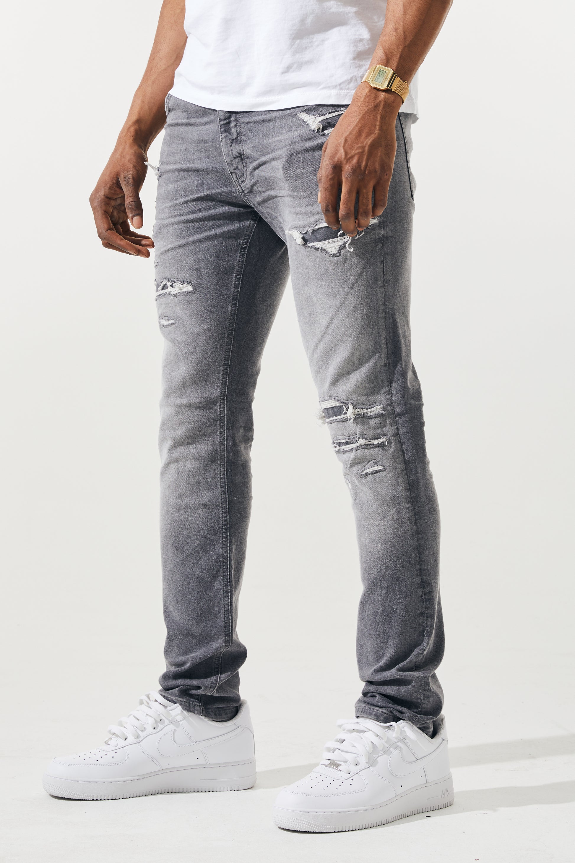 KROME Men's Premium Skinny Fit Rip and Repair Chaotic Jeans - Grey