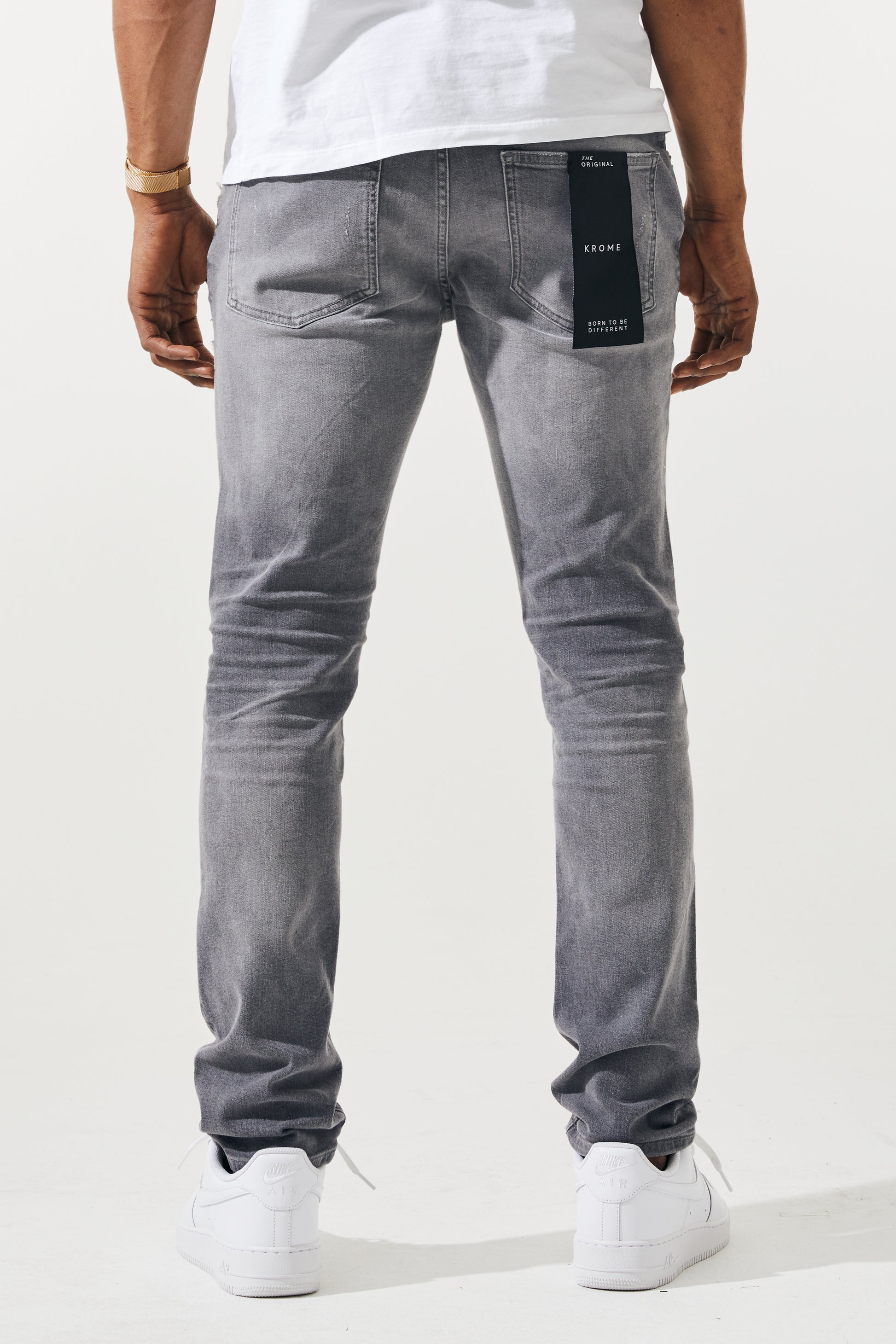 KROME Men's Premium Skinny Fit Rip and Repair Chaotic Jeans - Grey