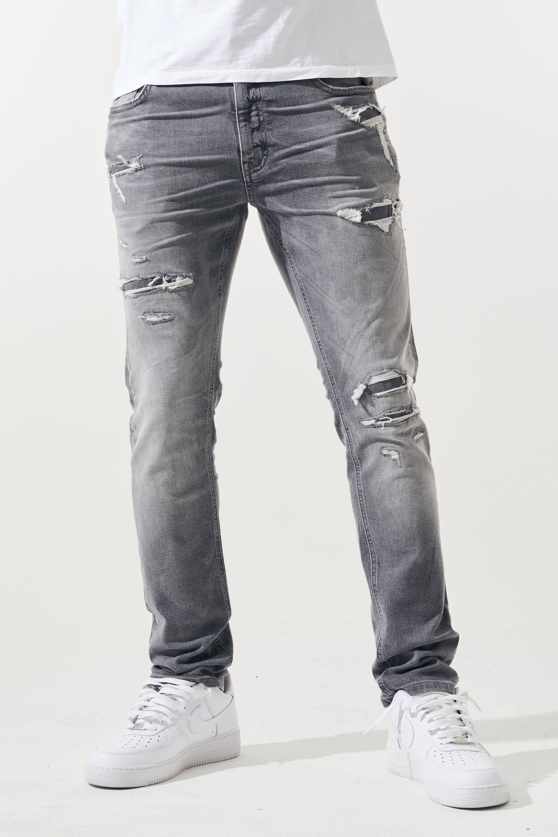 KROME Men's Premium Skinny Fit Rip and Repair Chaotic Jeans - Grey