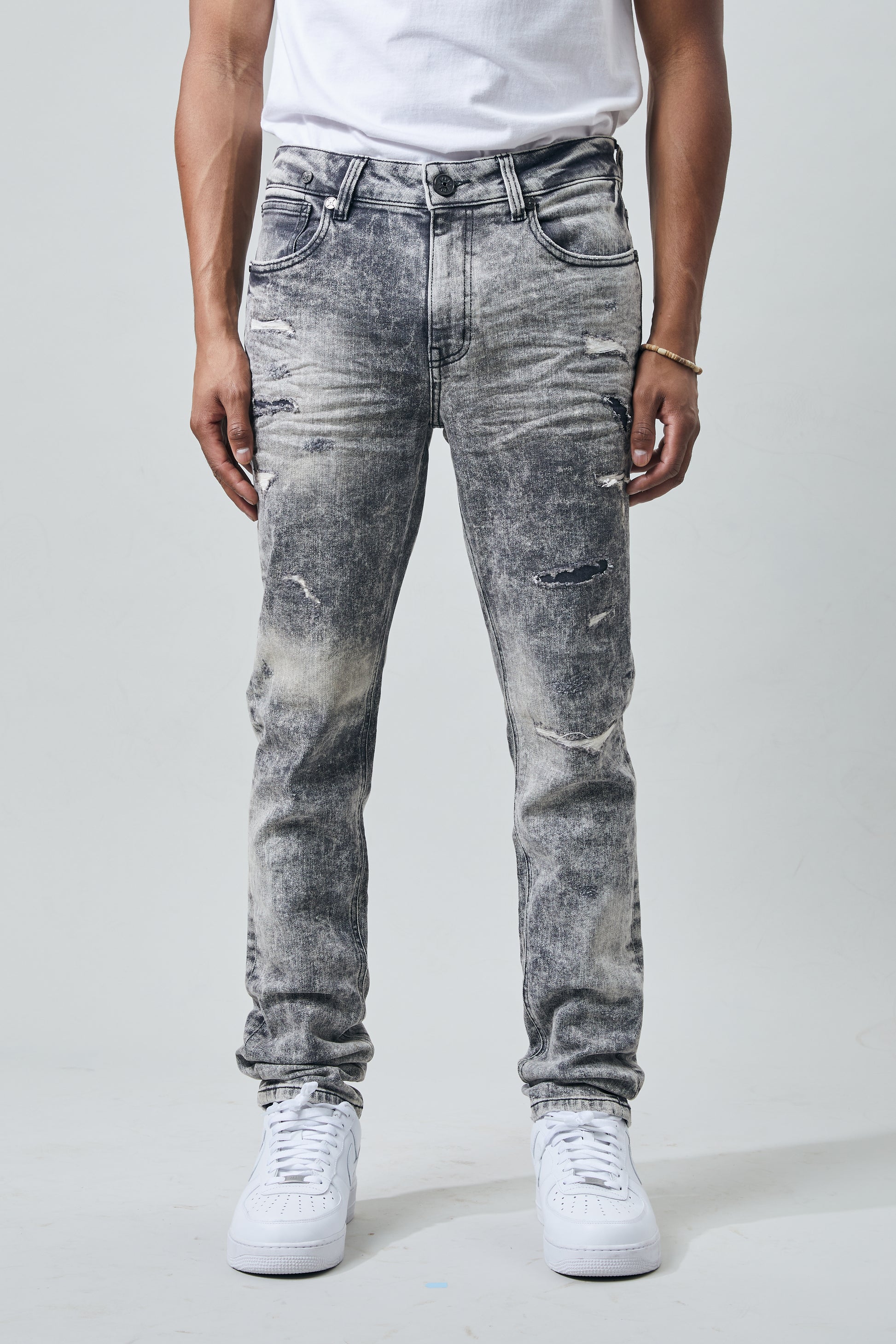 KROME Men's Skinny Fit Rip and Repair Bleach Jeans - Gray