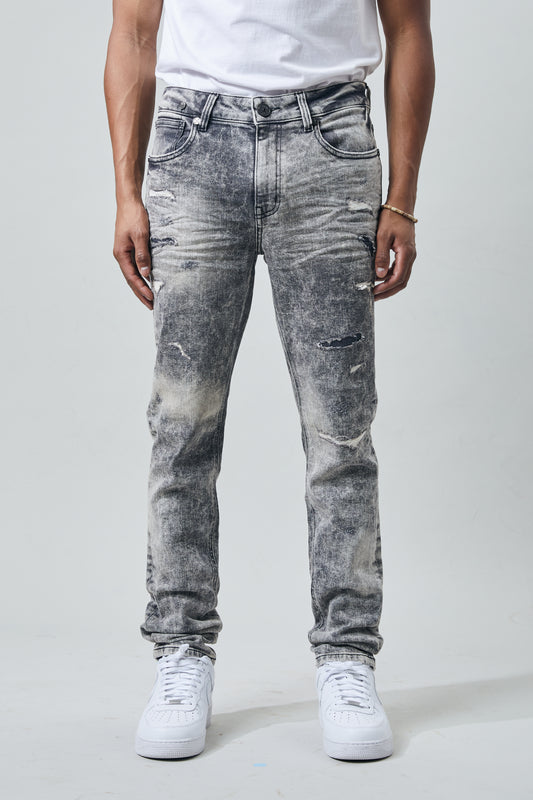 KROME Men's Skinny Fit Rip and Repair Bleach Jeans - Gray