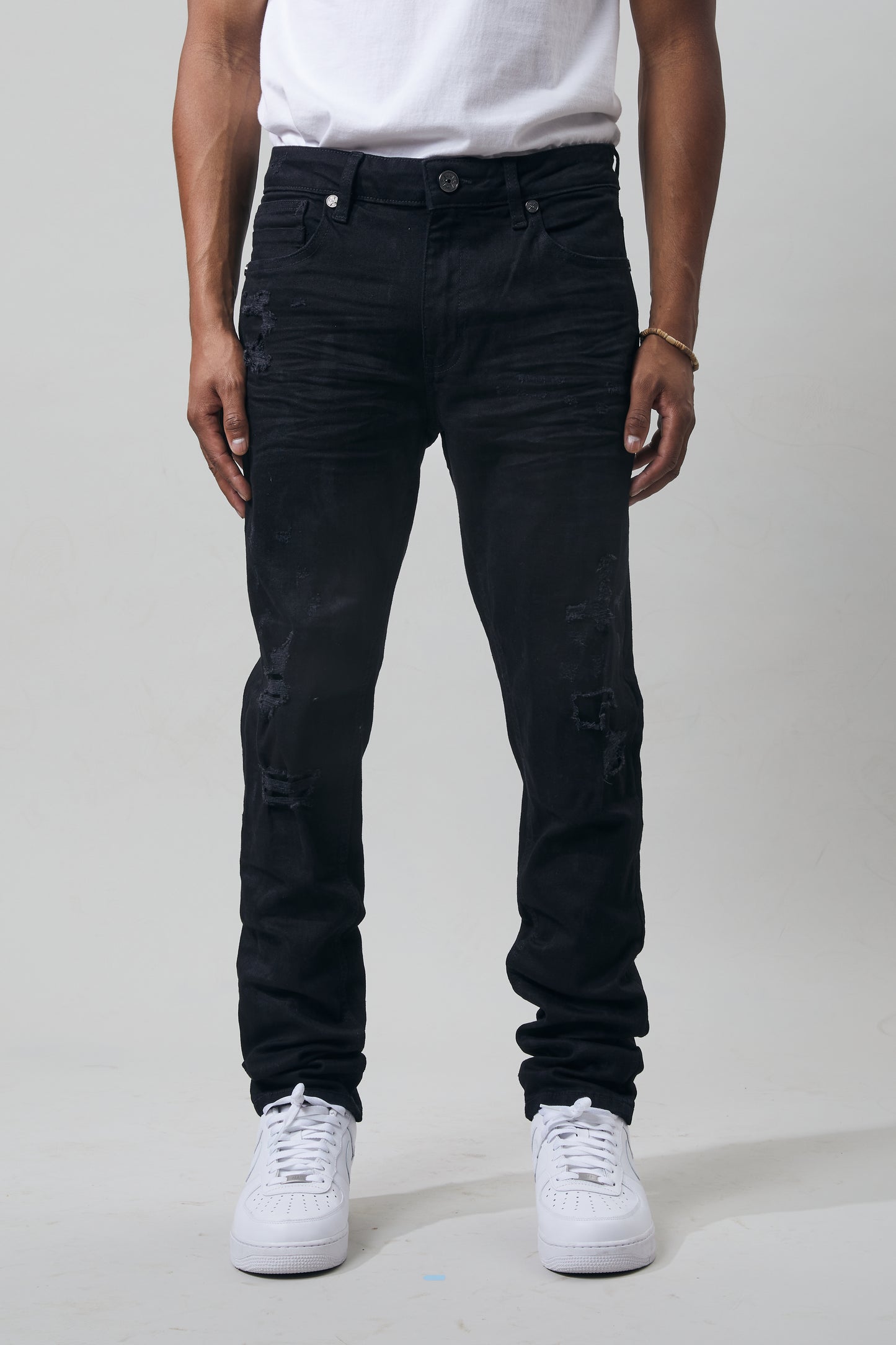 KROME Men's Skinny Fit Rip and Repair Bronx Jeans - Jet Black