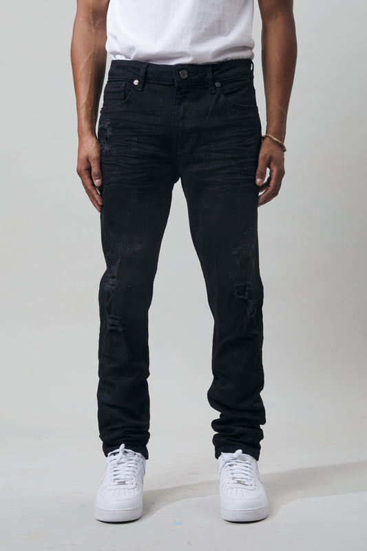 KROME Men's Skinny Fit Rip and Repair Bronx Jeans - Jet Black