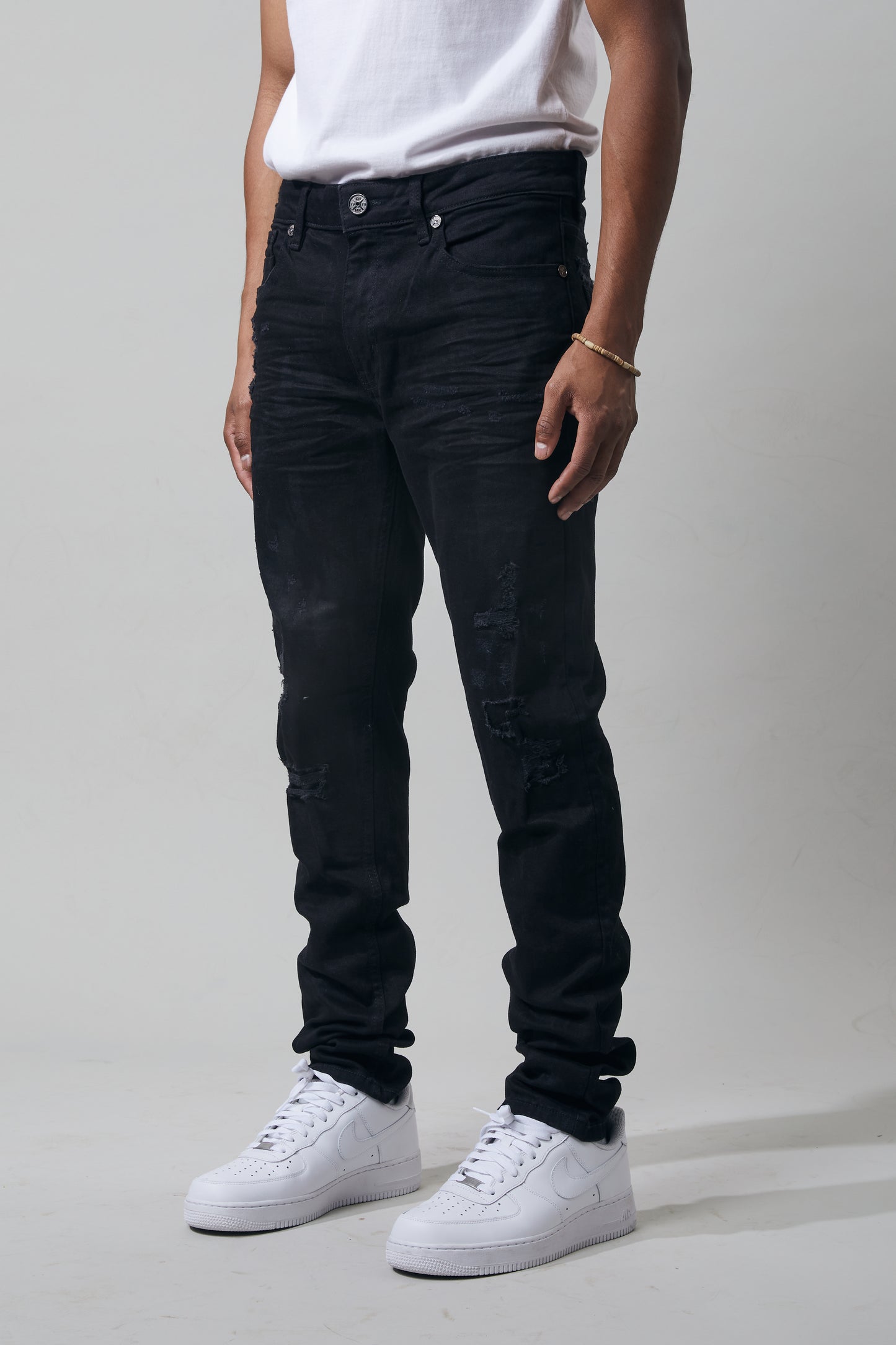 KROME Men's Skinny Fit Rip and Repair Bronx Jeans - Jet Black