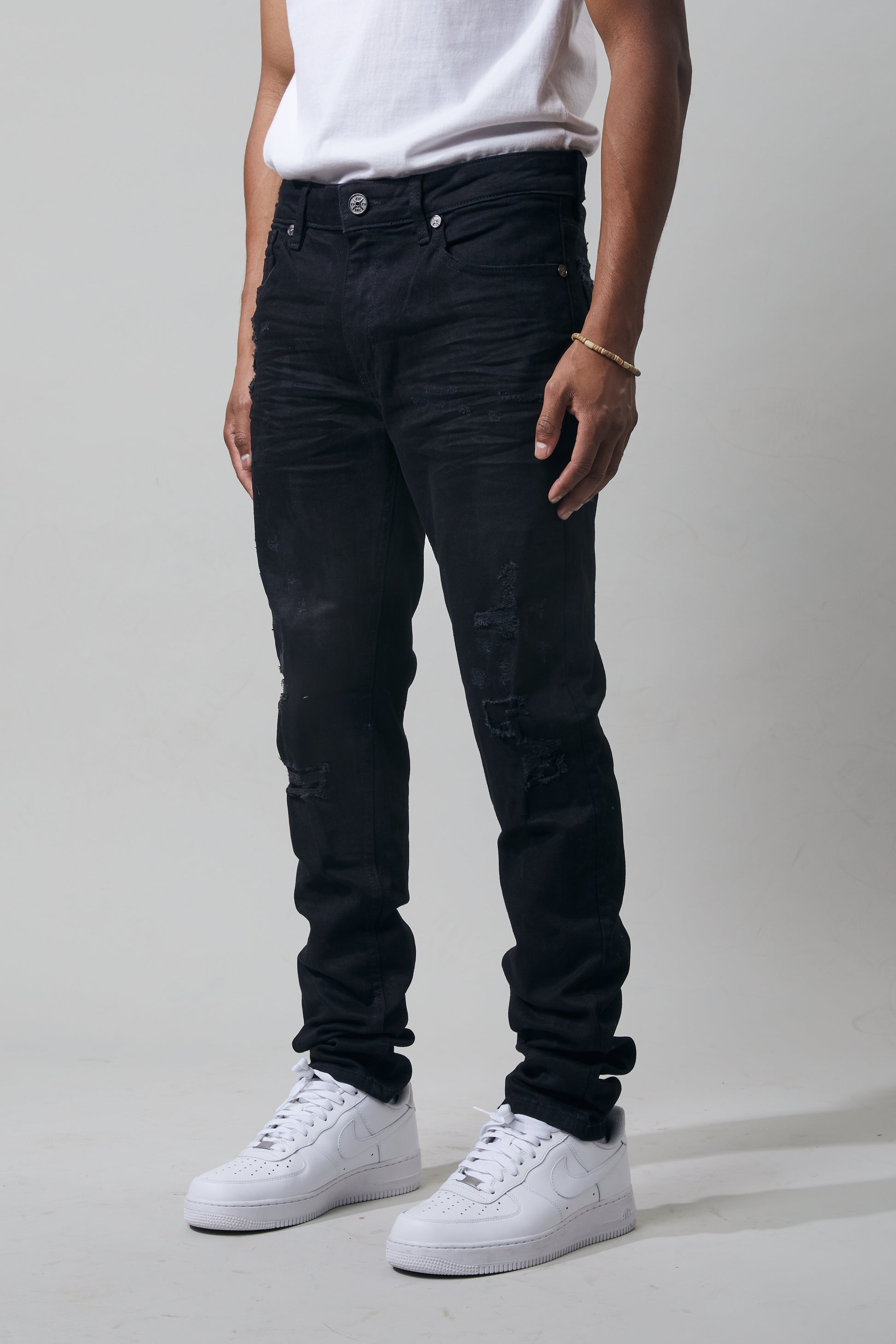 KROME Men's Skinny Fit Rip and Repair Bronx Jeans - Jet Black