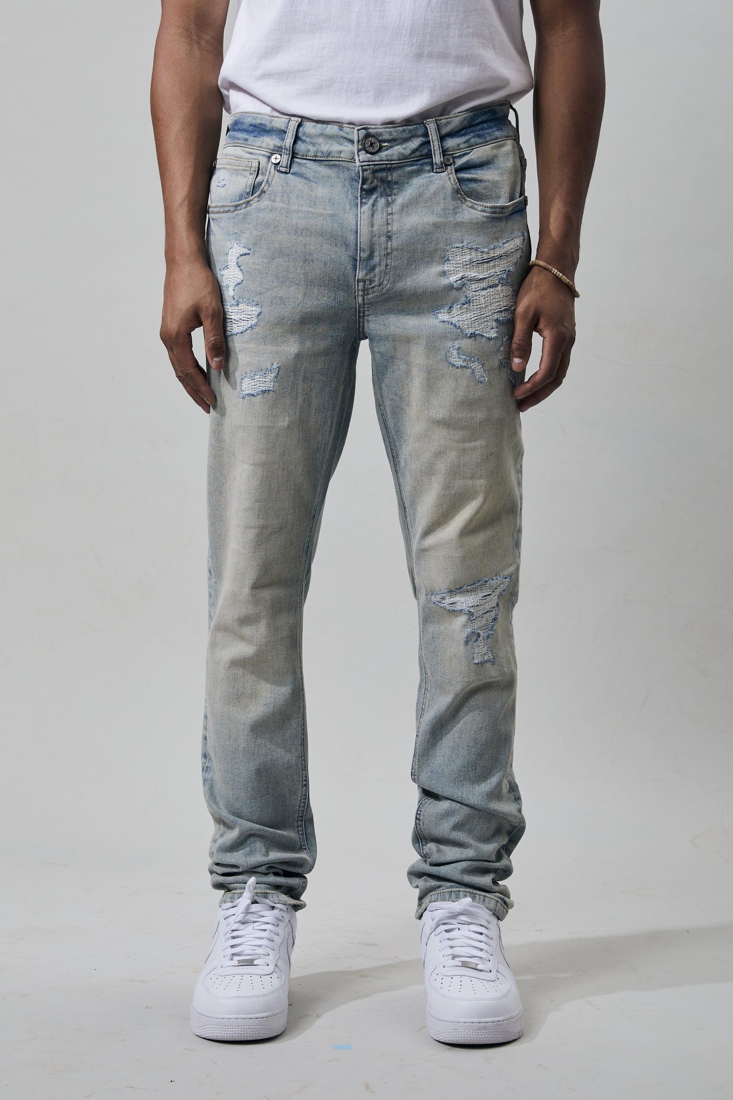 KROME Men's Skinny Fit Rip and Repair Noir Jeans - Ecru Blue