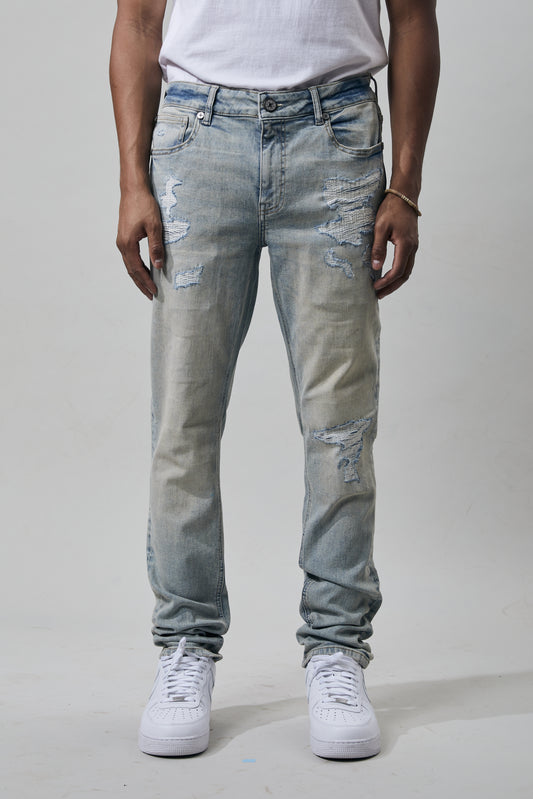 KROME Men's Skinny Fit Rip and Repair Noir Jeans - Ecru Blue