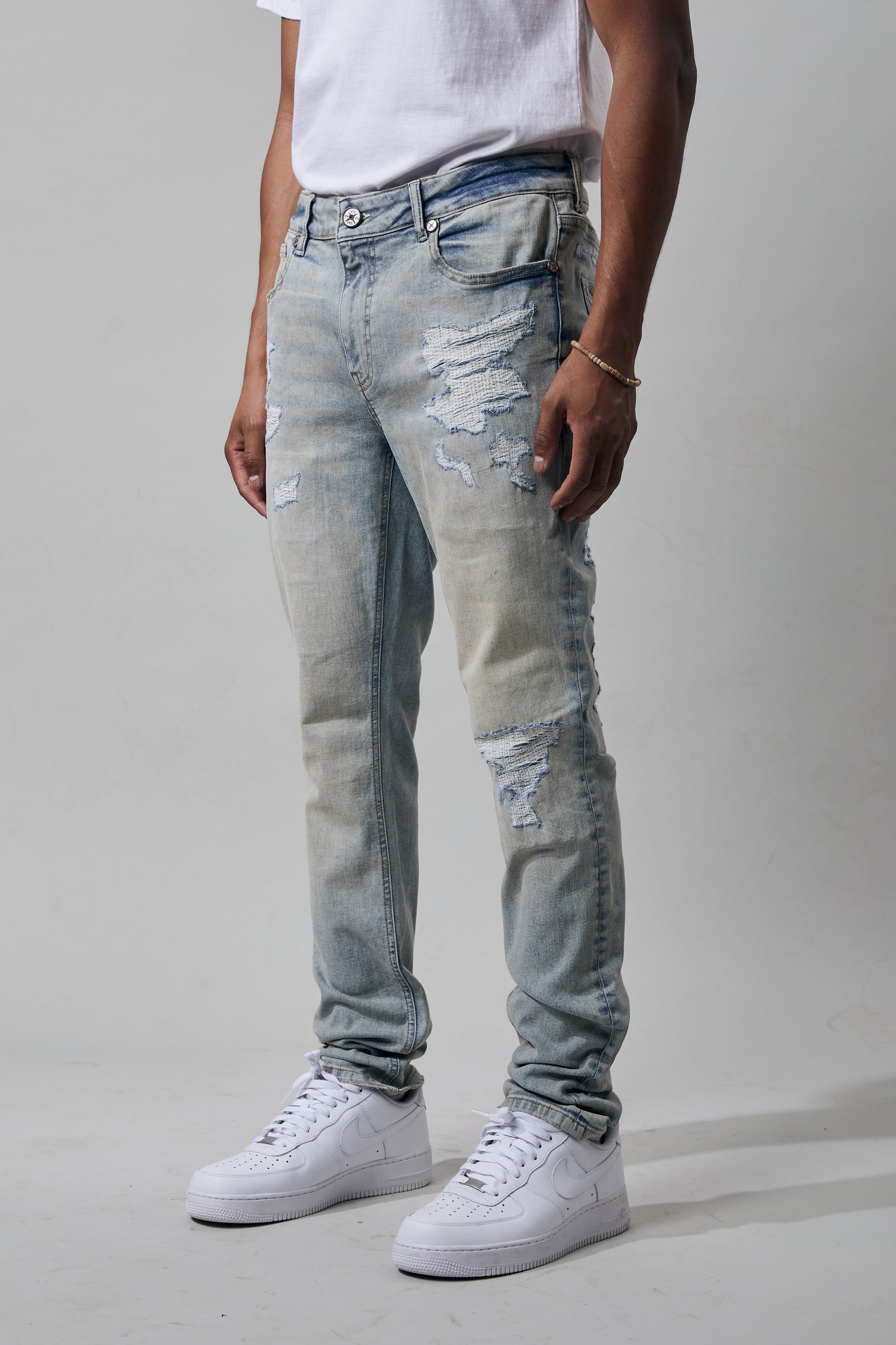 KROME Men's Skinny Fit Rip and Repair Noir Jeans - Ecru Blue