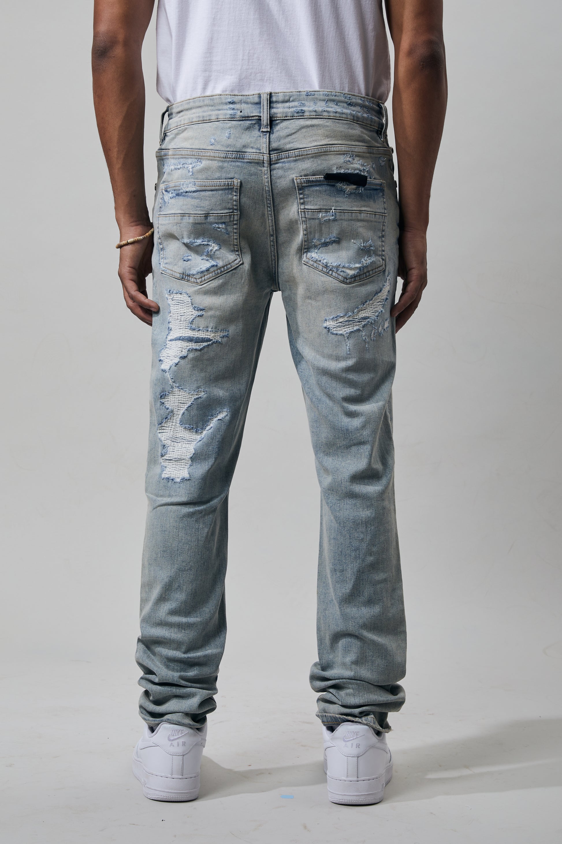 KROME Men's Skinny Fit Rip and Repair Noir Jeans - Ecru Blue
